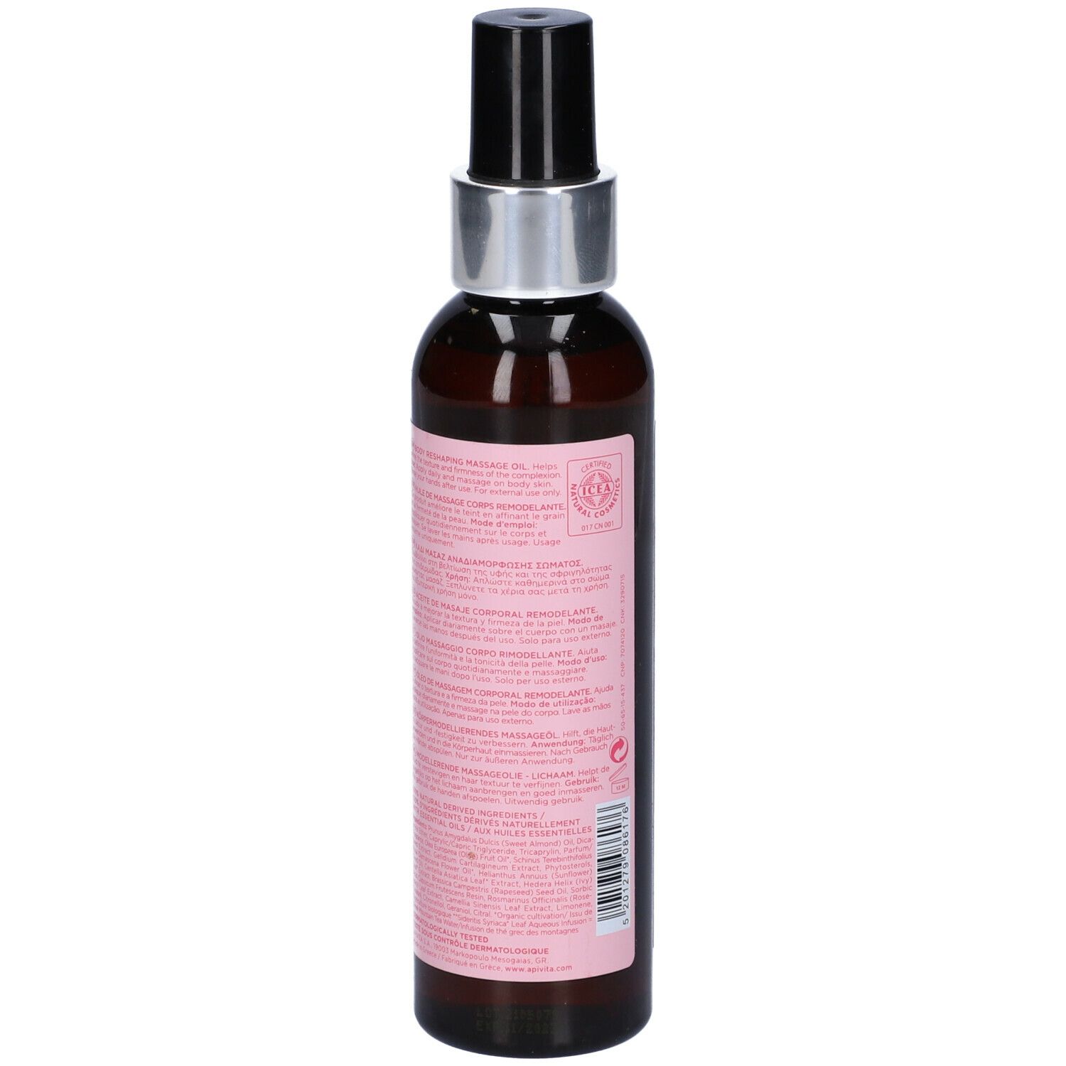 Flacone di vetro marrone con vaporizzatore nero. Etichetta rosa con logo, scritta "ROSE PEPPER" e nome del prodotto. 150ml.
