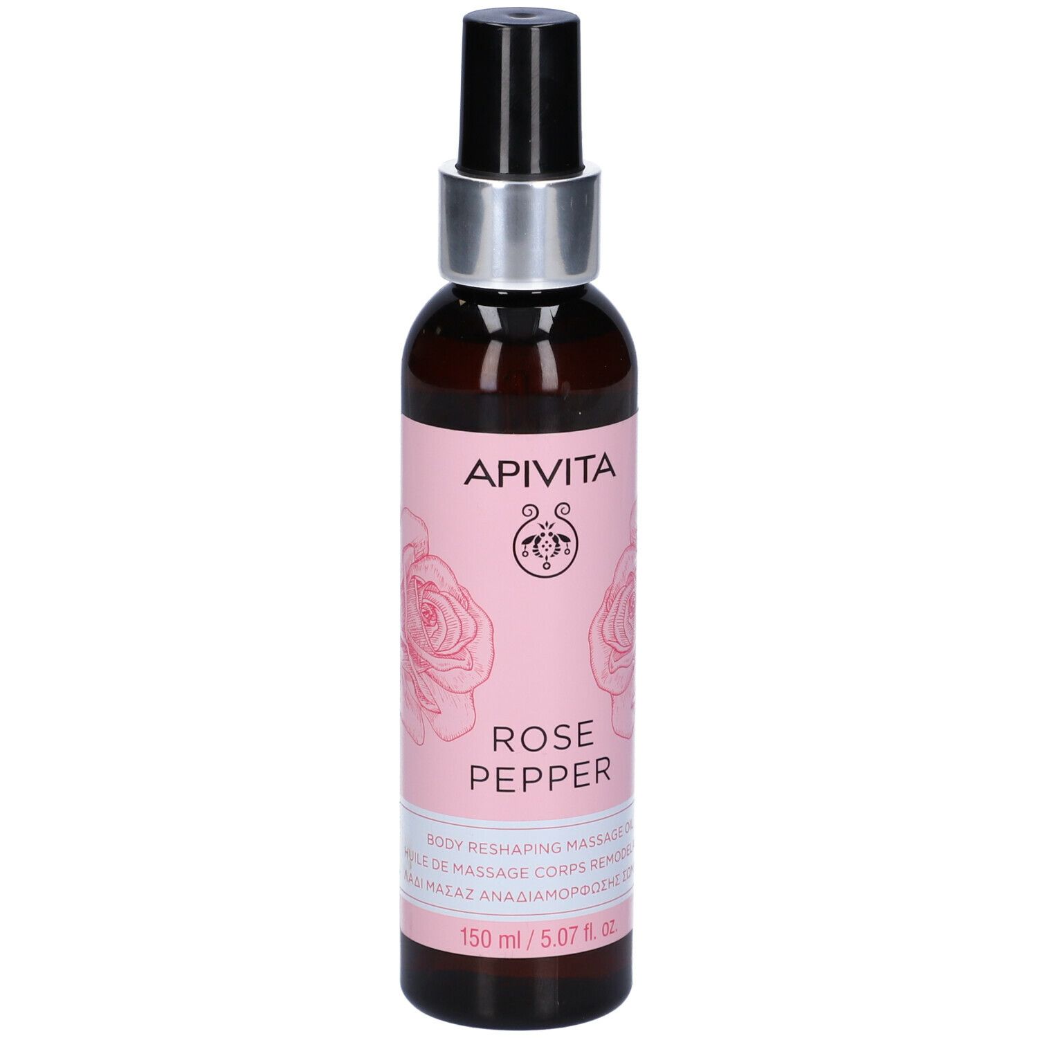 Flacone di vetro marrone con vaporizzatore nero. Etichetta rosa con logo, scritta "ROSE PEPPER" e nome del prodotto. 150ml.