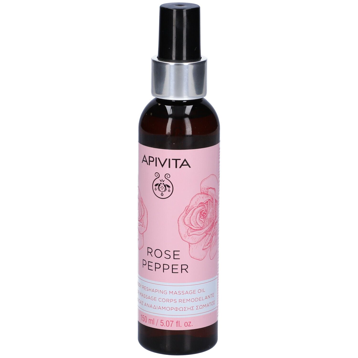 Flacone di vetro marrone con vaporizzatore nero. Etichetta rosa con logo, scritta "ROSE PEPPER" e nome del prodotto. 150ml.
