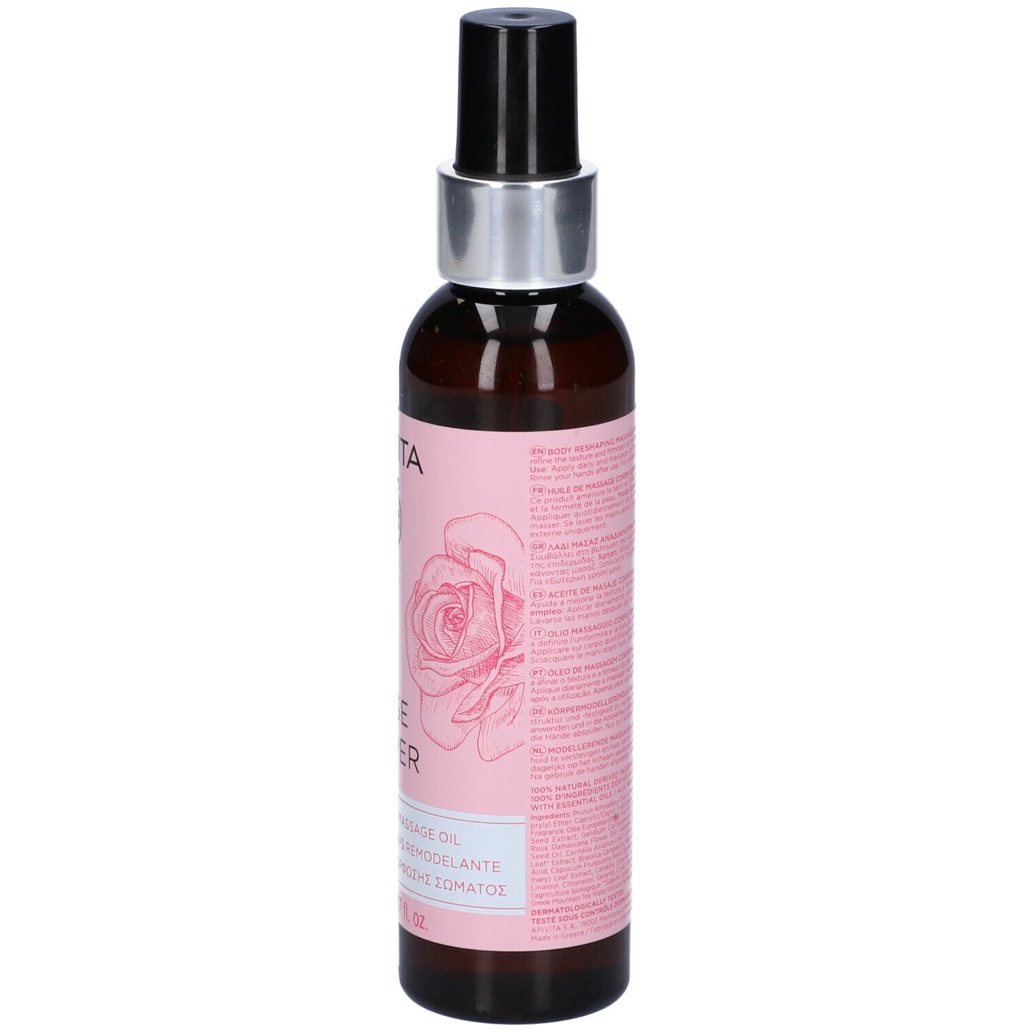Flacone di vetro marrone con vaporizzatore nero. Etichetta rosa con logo, scritta "ROSE PEPPER" e nome del prodotto. 150ml.