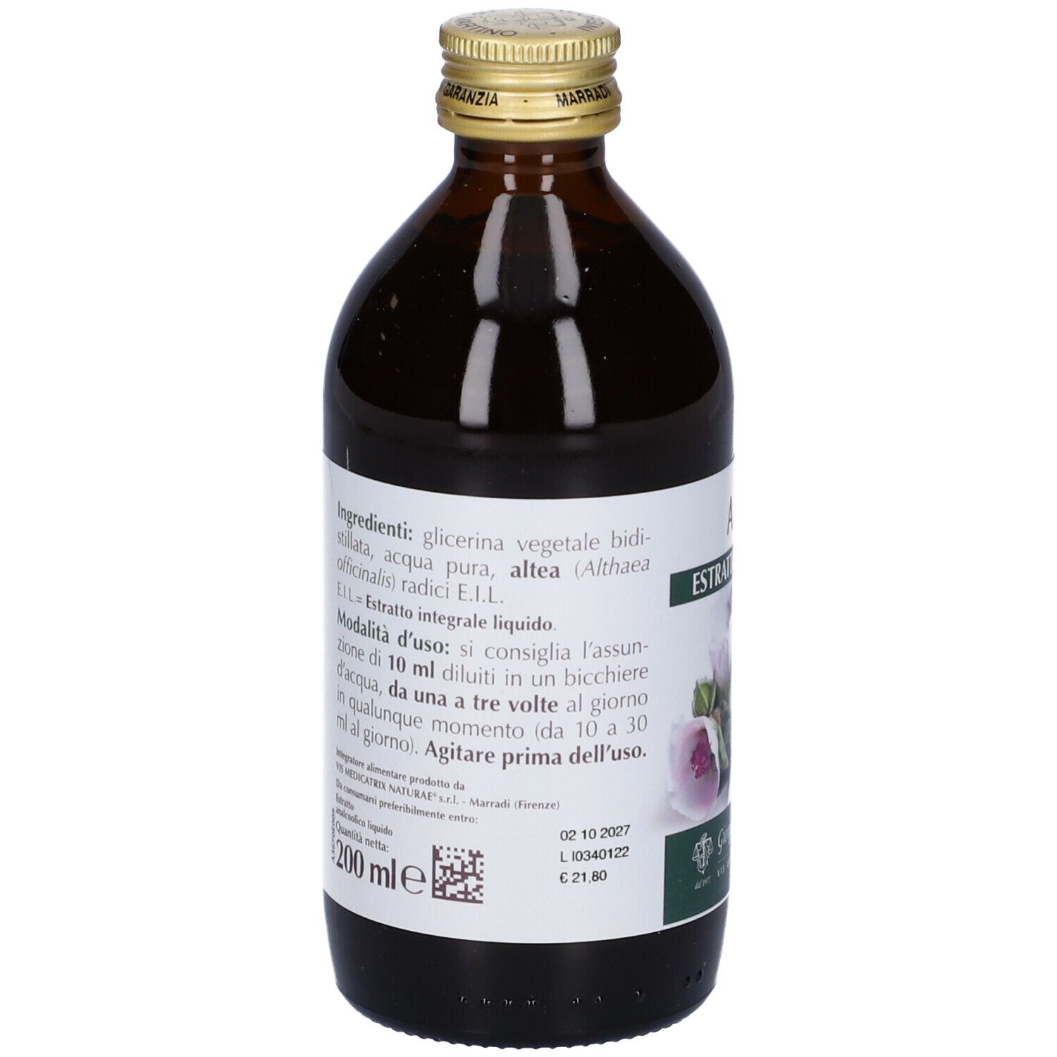 Bottiglia di vetro marrone con etichetta. Scritta: Althea, estratto, Giorgini Dr. Martino. Elenco ingredienti e istruzioni per l'uso.