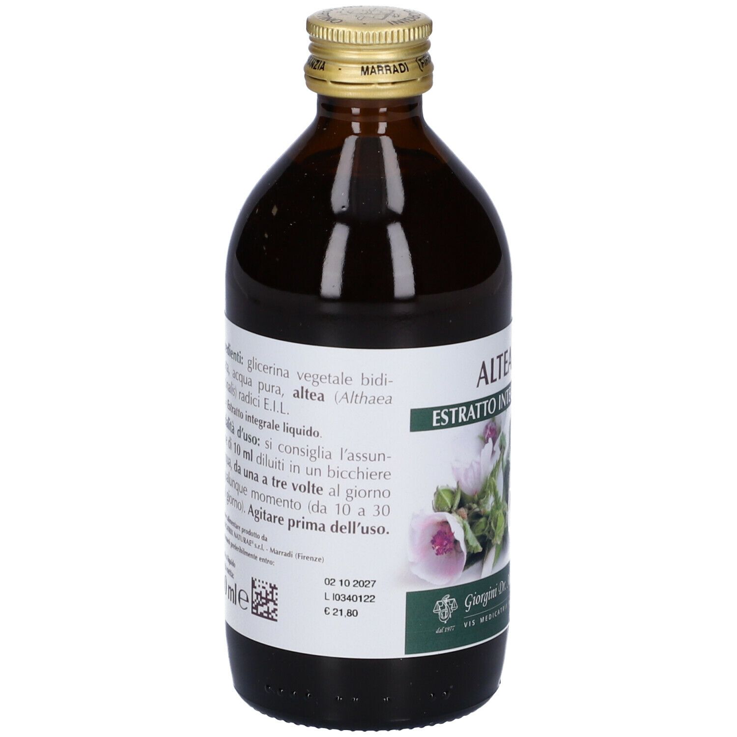 Bottiglia di vetro marrone con etichetta. Scritta: Althea, estratto, Giorgini Dr. Martino. Elenco ingredienti e istruzioni per l'uso.