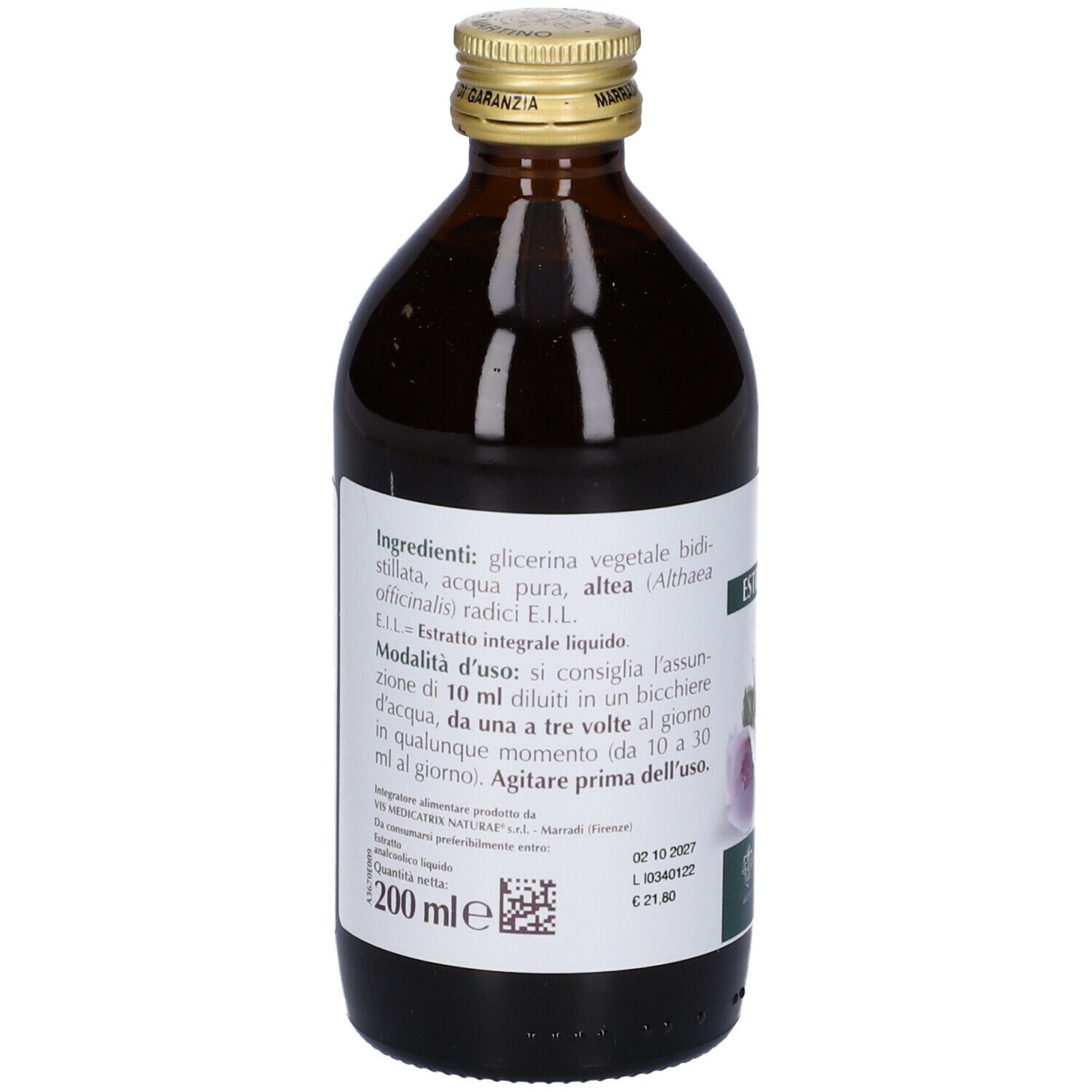 Bottiglia di vetro marrone con etichetta. Scritta: Althea, estratto, Giorgini Dr. Martino. 200 ml.