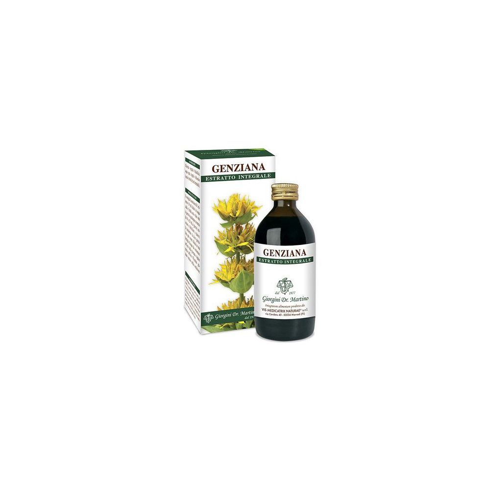 Genziana Estratto Integrale 200 ml, Flasche und Verpackung. Aufschrift: Genziana, Estratto Integrale.