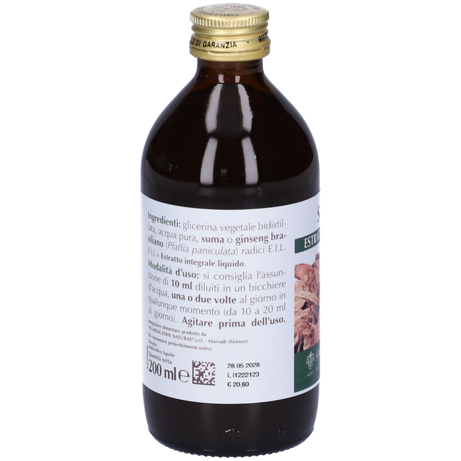 Bottiglia di vetro marrone con etichetta. Scritta: Suma Estratto Integrale. Testo su ingredienti e uso.