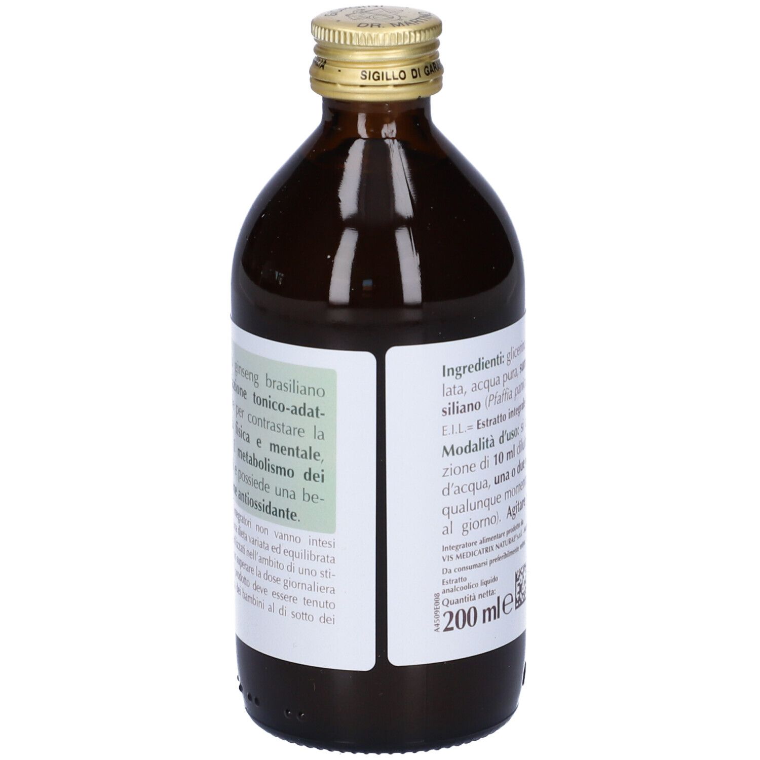 Bottiglia di vetro marrone con etichetta. Scritta: Suma Estratto Integrale. Testo su ingredienti e uso.