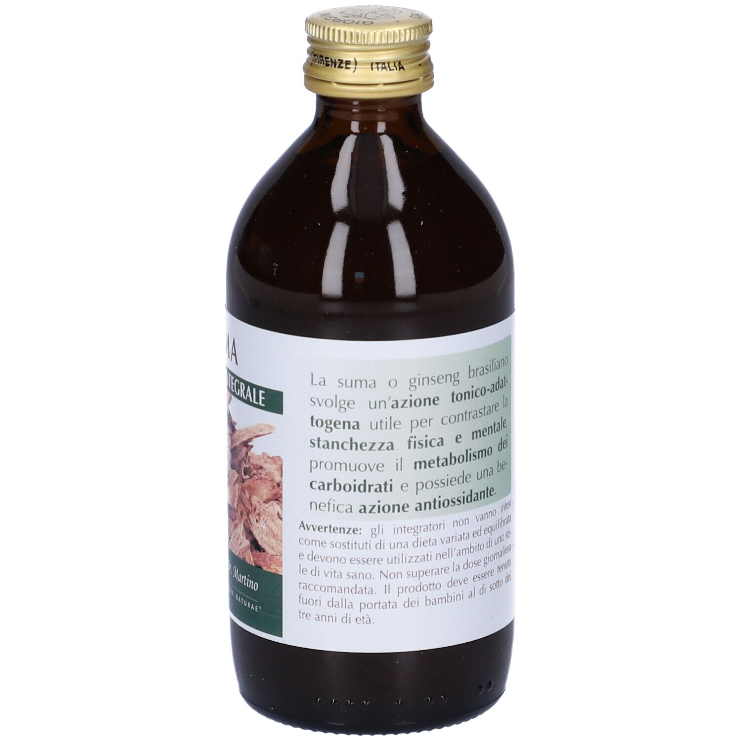 Bottiglia di vetro marrone con etichetta. Scritta: Suma Estratto Integrale. Testo su ingredienti e uso.