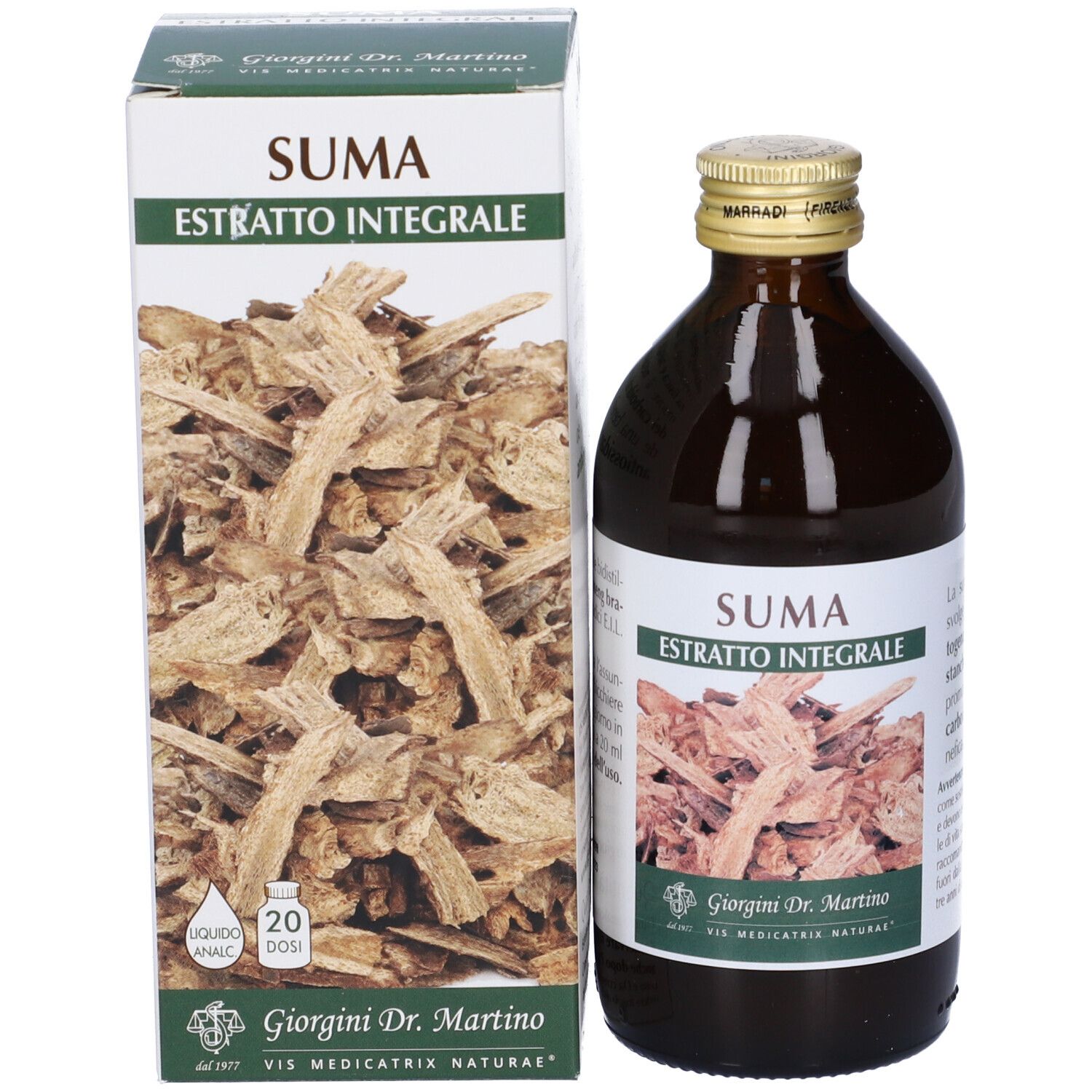 Bottiglia di vetro marrone e scatola con nome del prodotto ed erbe. Scritta: Suma Estratto Integrale.