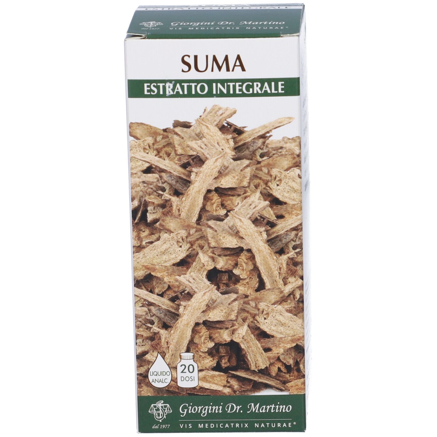 Scatola con nome del prodotto ed erbe. Scritta: Suma Estratto Integrale. Logo e testo.