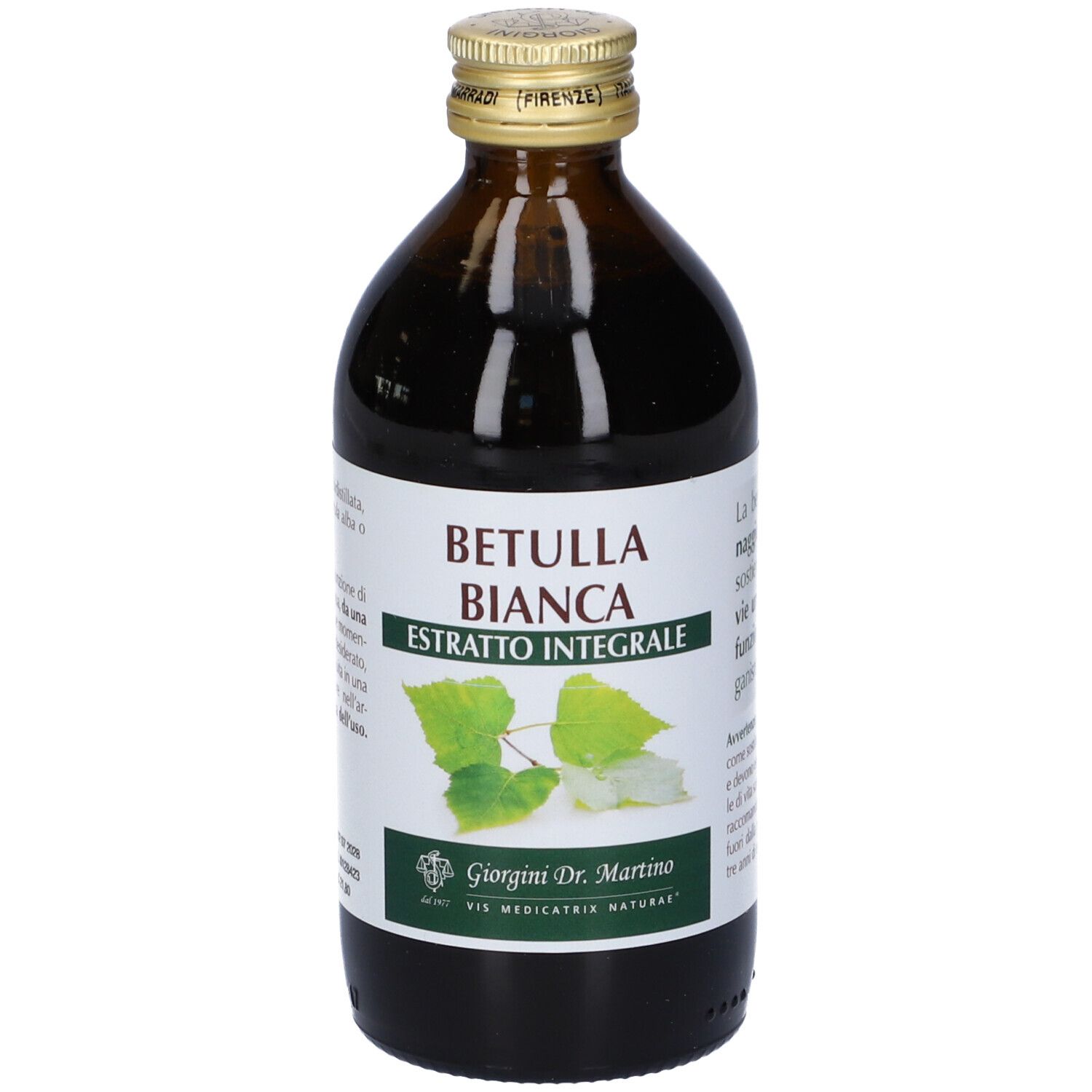 Bottiglia di vetro marrone con etichetta. Scritta: Betulla Bianca Estratto Integrale. Con tappo a vite.