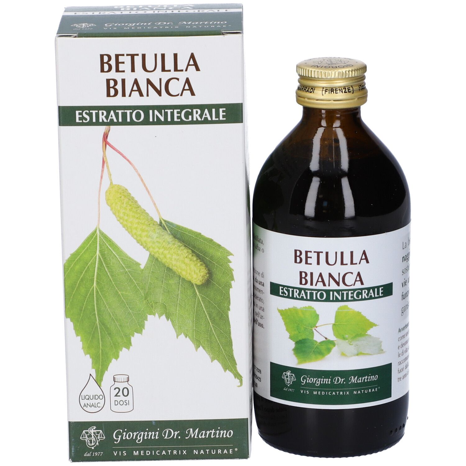 Bottiglia di vetro marrone e scatola con testo. Scritta: Betulla Bianca Estratto Integrale.
