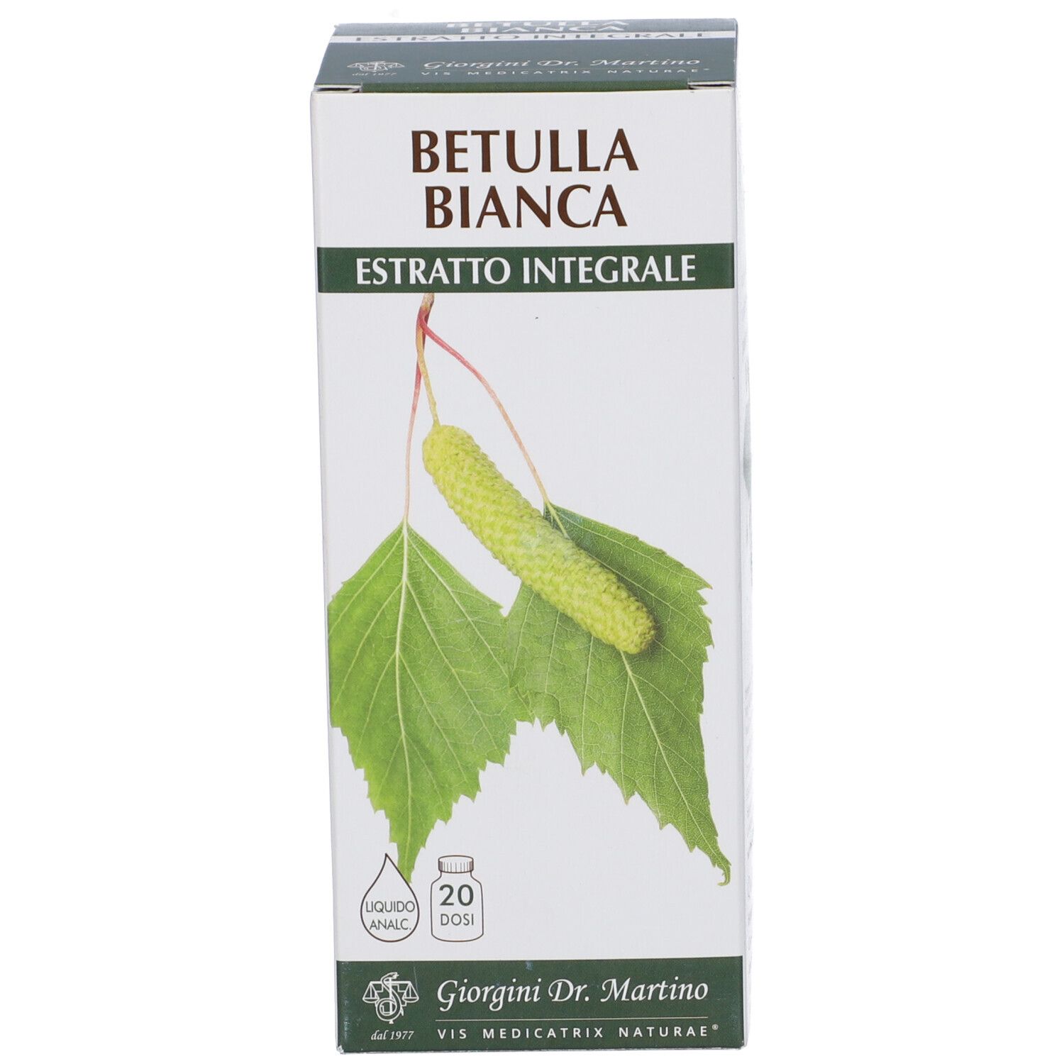Scatola con testo. Scritta: Betulla Bianca Estratto Integrale. Con illustrazione.