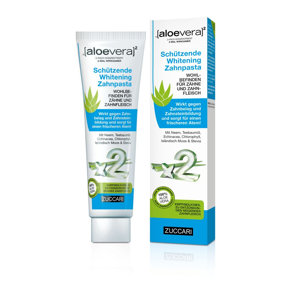 Weiße Tube und Karton mit Aloe Vera Zahnpasta. "[aloevera]² Schützende Whitening Zahnpasta".