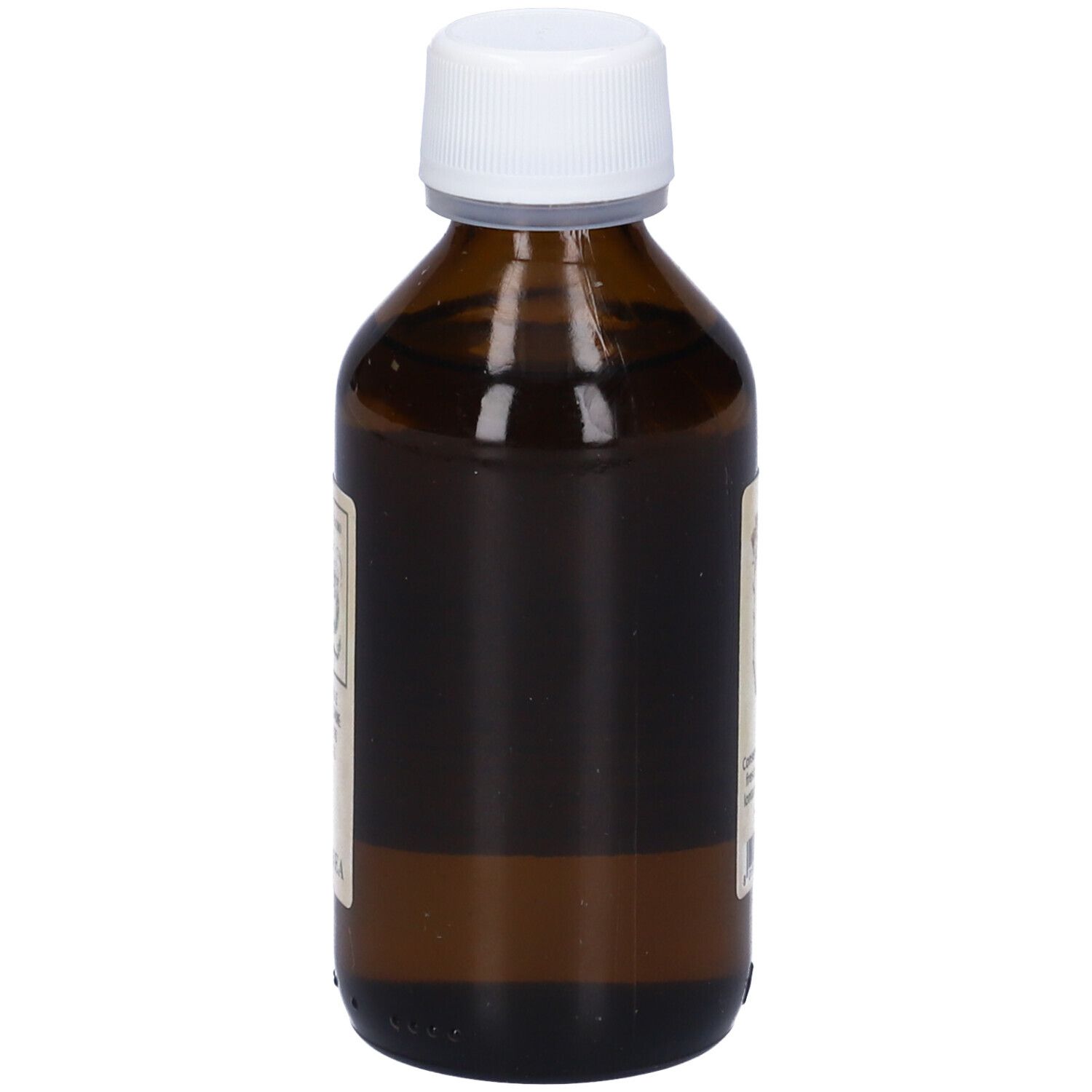 Flacone di vetro marrone con tappo bianco. Etichetta con testo. Nome prodotto: Oleolito Di Elicriso. 100 ml.