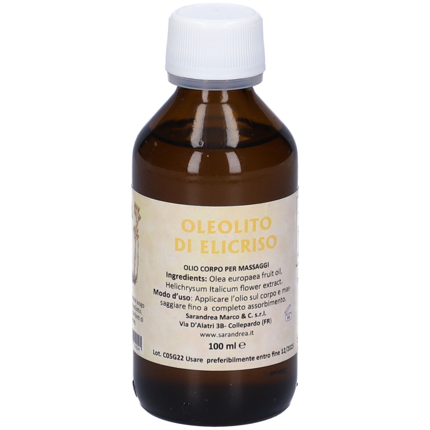 Flacone di vetro marrone con tappo bianco. Etichetta con testo. Nome prodotto: Oleolito Di Elicriso. 100 ml.