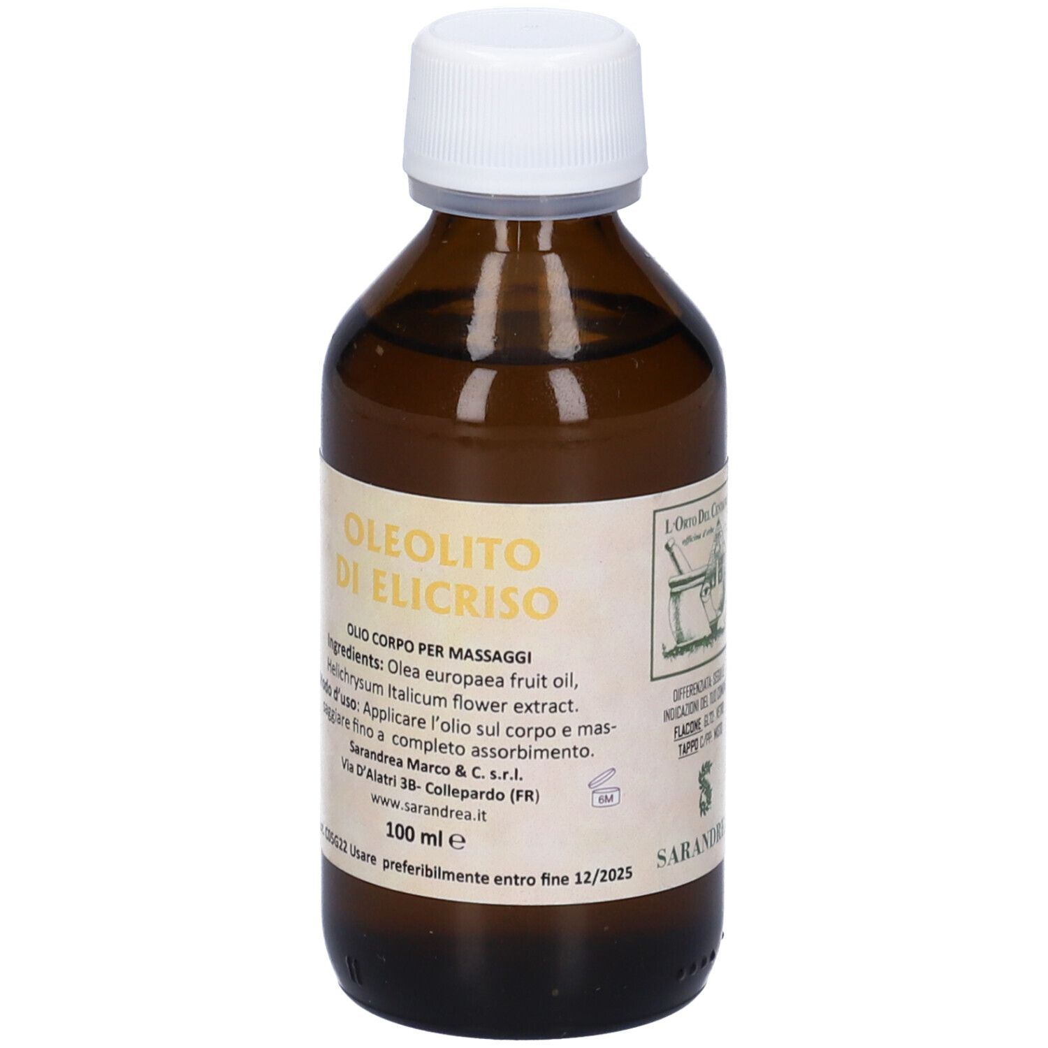 Flacone di vetro marrone con tappo bianco. Etichetta con testo. Nome prodotto: Oleolito Di Elicriso. 100 ml.
