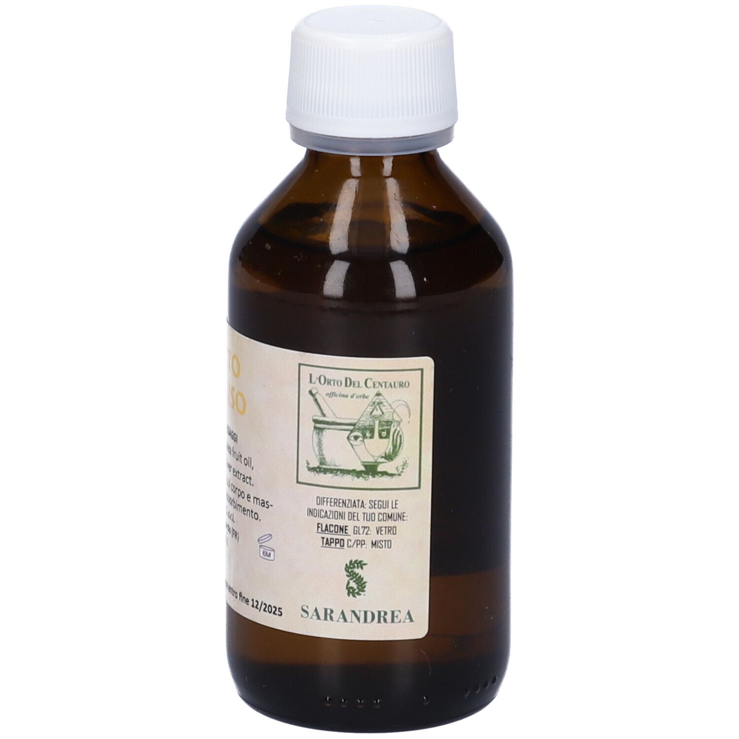 Flacone di vetro marrone con tappo bianco. Etichetta con testo. Nome prodotto: Oleolito Di Elicriso. 100 ml.