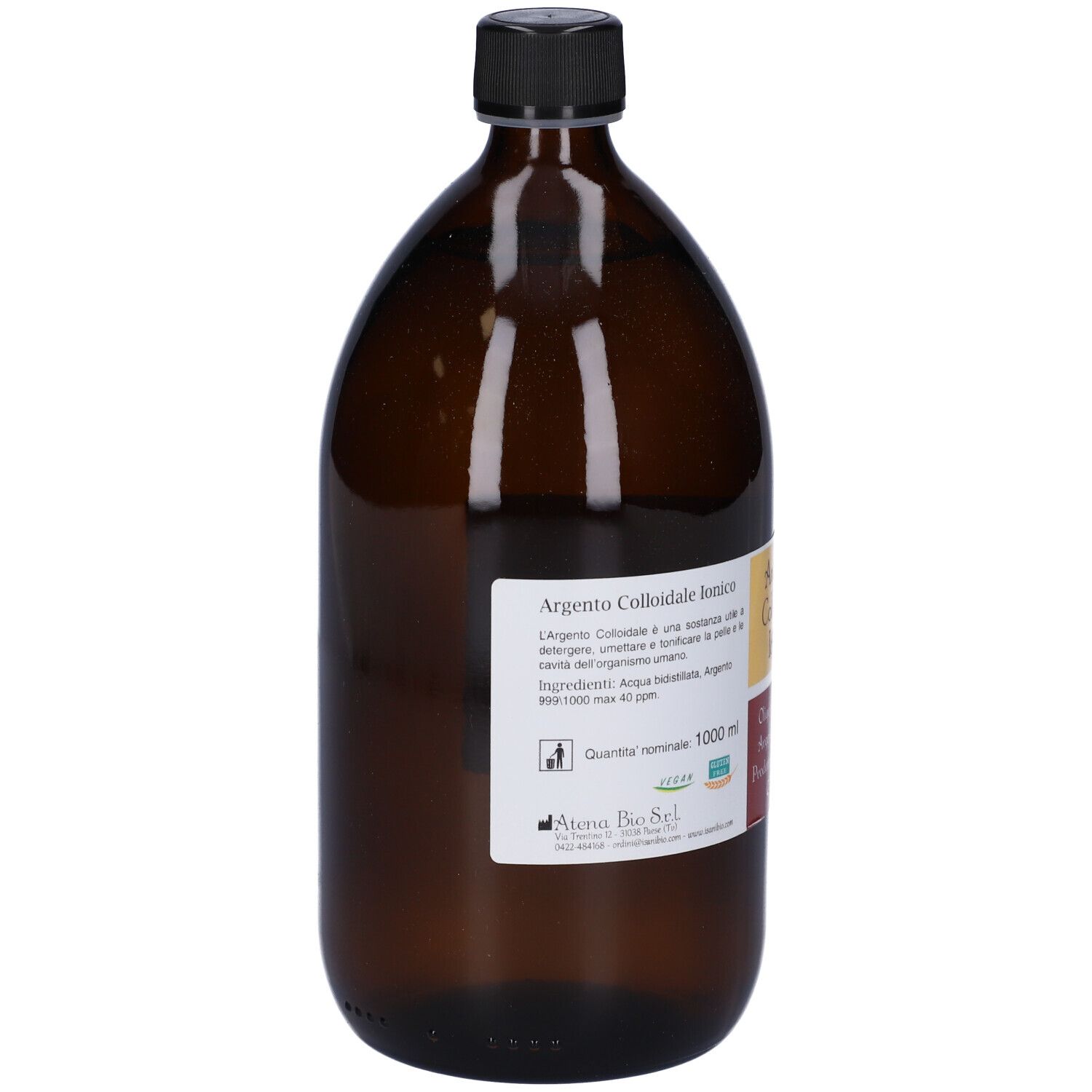 Bottiglia di vetro marrone con tappo nero. Etichetta con informazioni sul prodotto. Scritta: Argento Colloidale Ionico, 1000 ml.