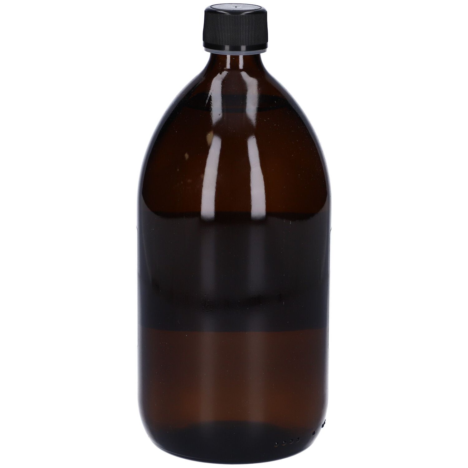Bottiglia di vetro marrone con tappo nero. Liquido visibile. Nessun altro dettaglio.