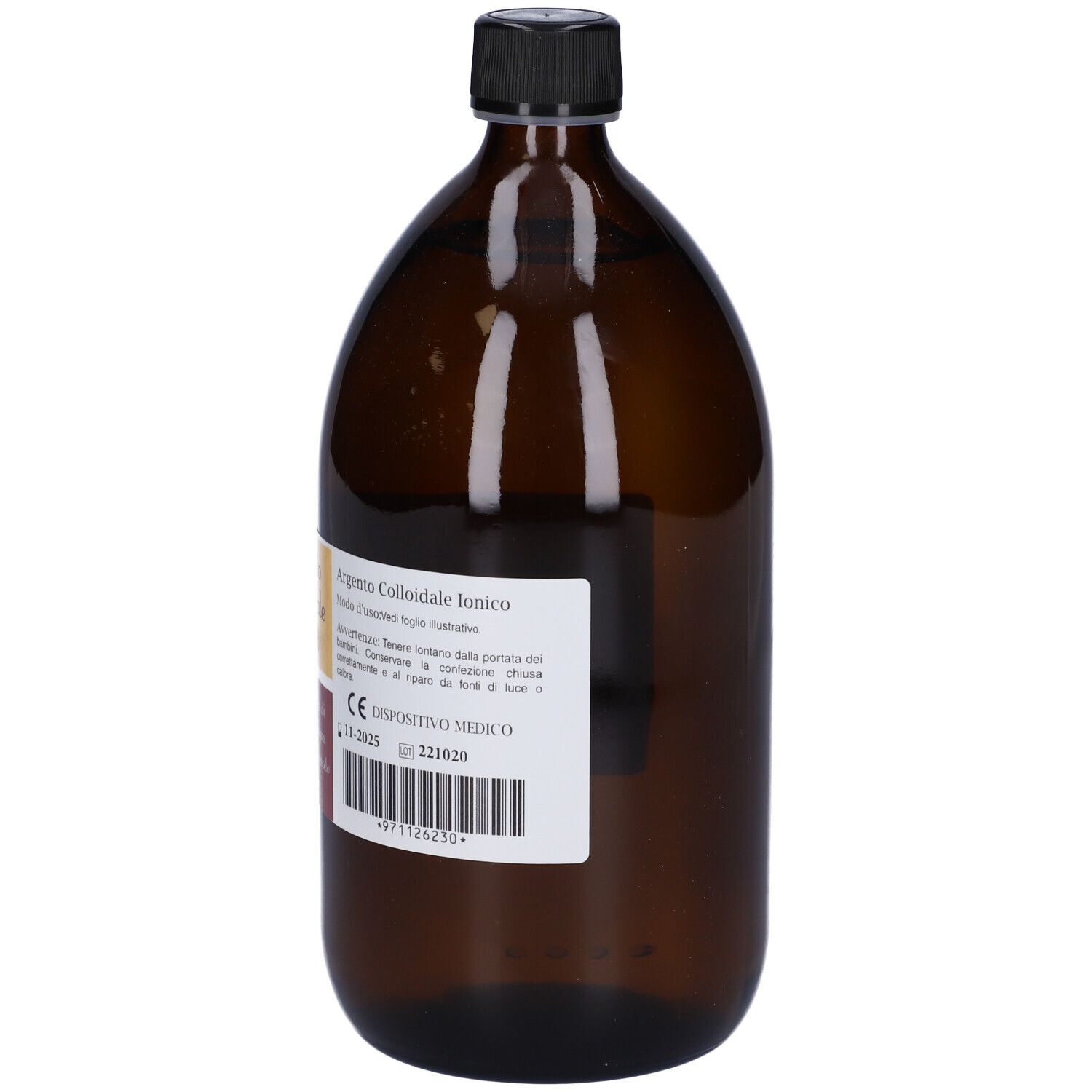 Bottiglia di vetro marrone con tappo nero. Etichetta con informazioni sul prodotto. Scritta: Argento Colloidale Ionico. Marchio CE.