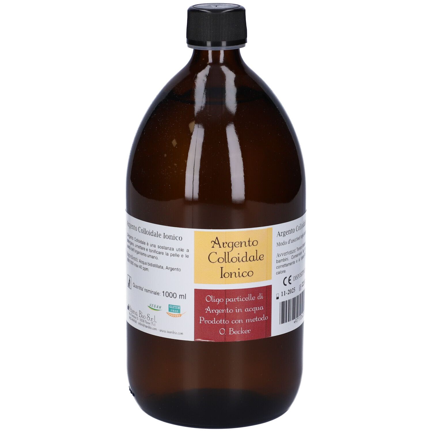 Bottiglia di vetro marrone con tappo nero. Etichetta con informazioni sul prodotto. Scritta: Argento Colloidale Ionico, 1000 ml.