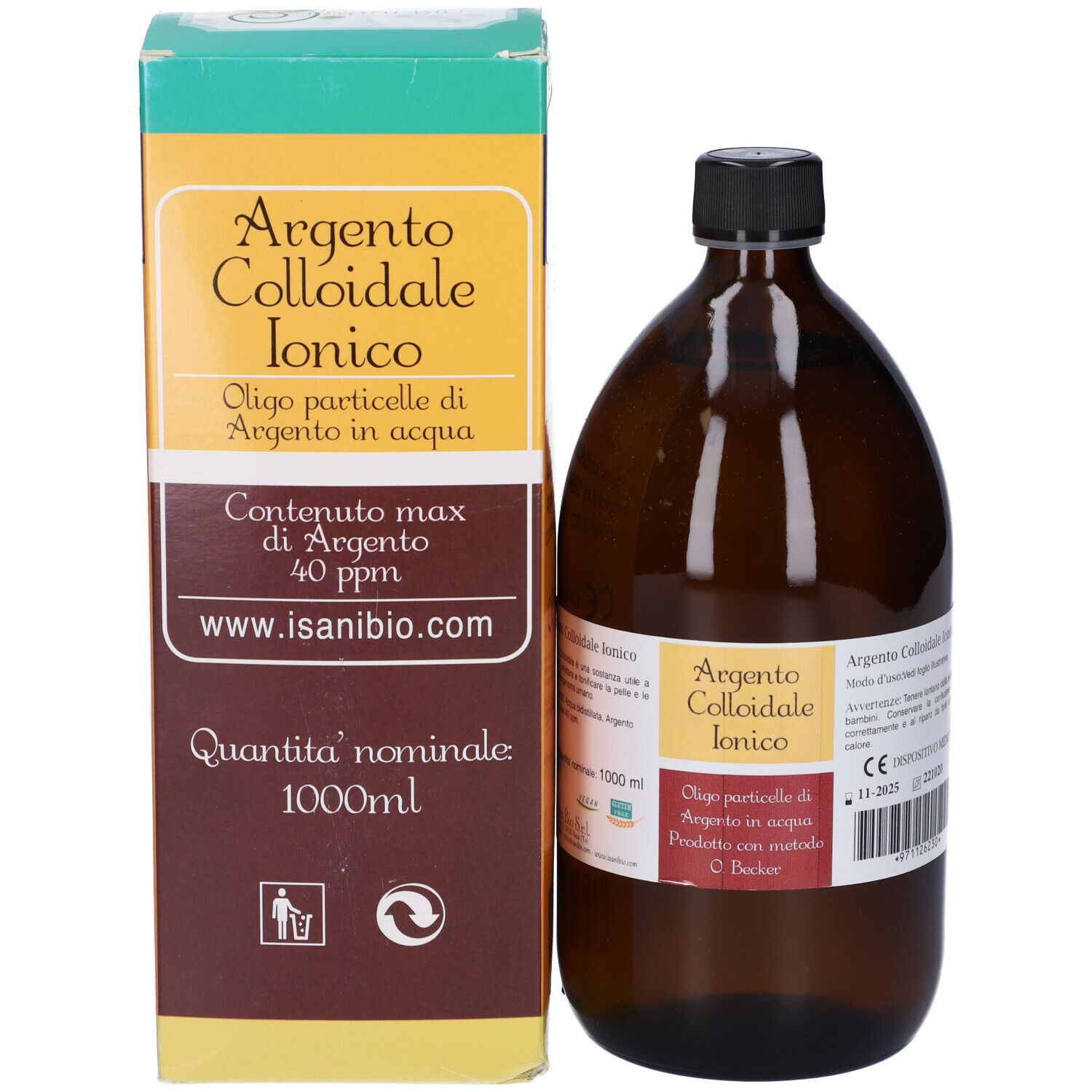 Bottiglia di vetro marrone con tappo nero e scatola. Scritta: Argento Colloidale Ionico, 40 ppm, 1000ml.