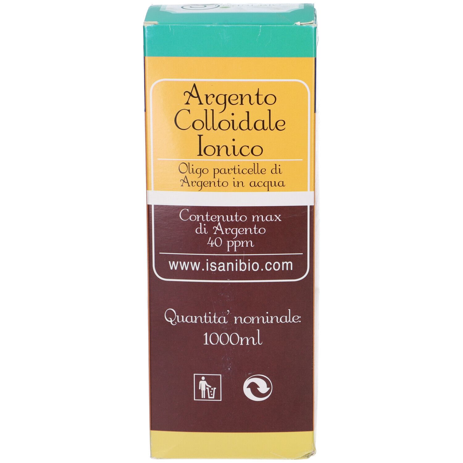 Scatola con informazioni sul prodotto. Scritta: Argento Colloidale Ionico, 40 ppm, 1000ml. Indirizzo sito web.