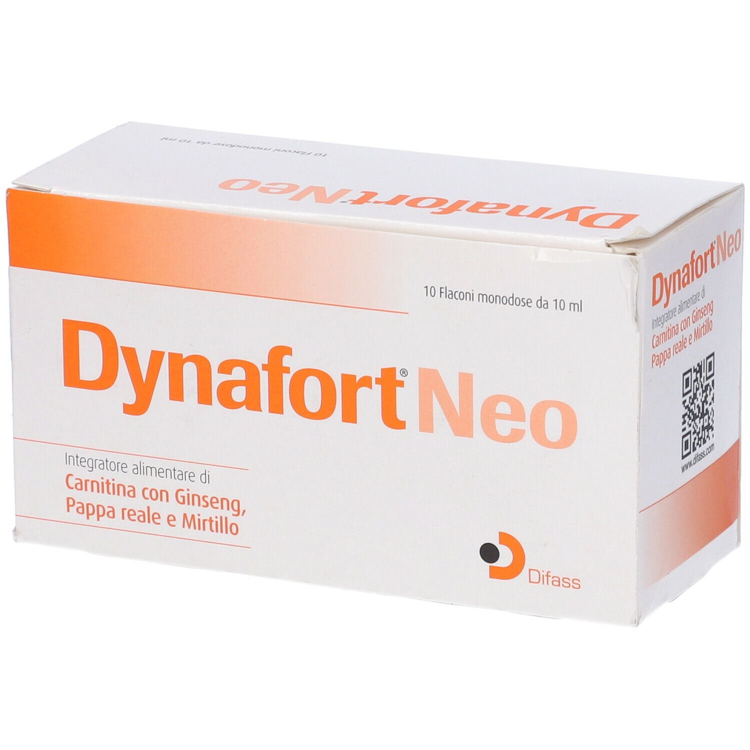 Confezione Dynafort Neo. Scatola bianca con dettagli arancioni. Contiene 10 flaconcini. Nome prodotto in evidenza.