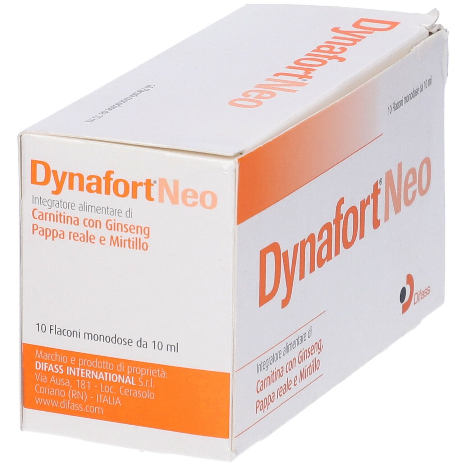 Confezione Dynafort Neo. Scatola bianca con dettagli arancioni. Nome, ingredienti e logo del prodotto.