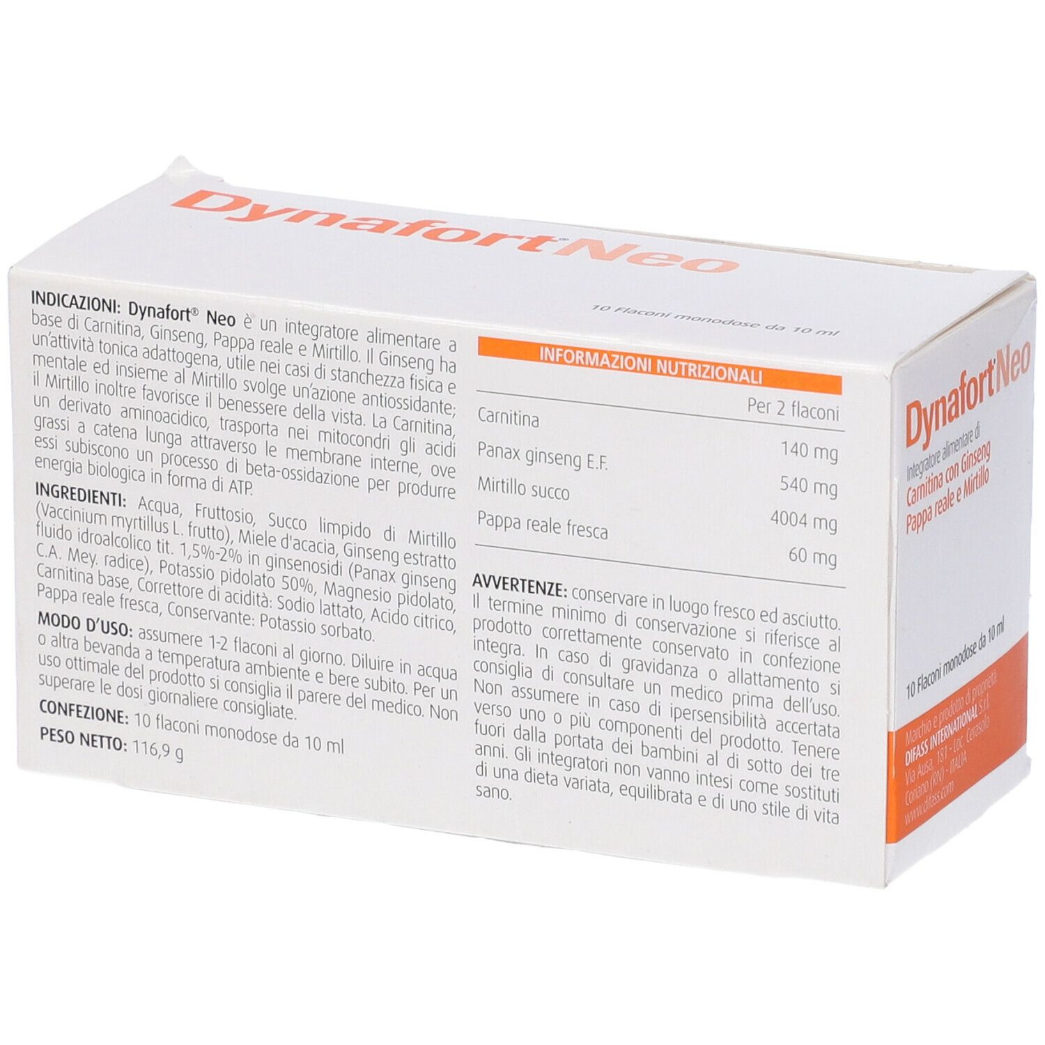 Confezione Dynafort Neo. Scatola bianca con dettagli arancioni. Nome, ingredienti, codice QR.