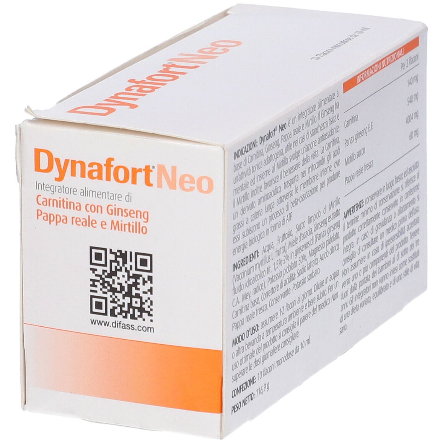 Confezione Dynafort Neo. Scatola bianca con dettagli arancioni. Nome, ingredienti e informazioni nutrizionali.