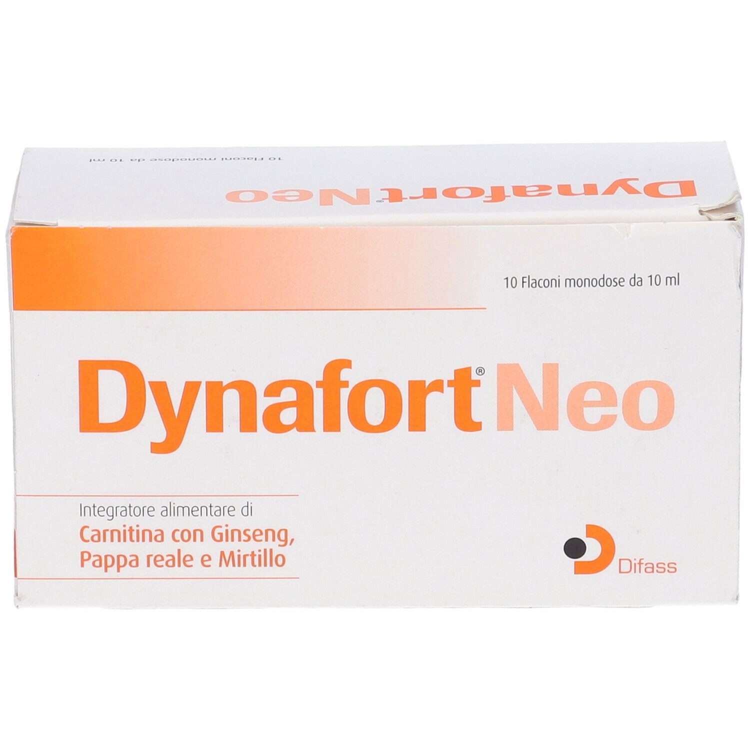Confezione Dynafort Neo. Scatola bianca con dettagli arancioni. Nome e logo del prodotto ben visibili.