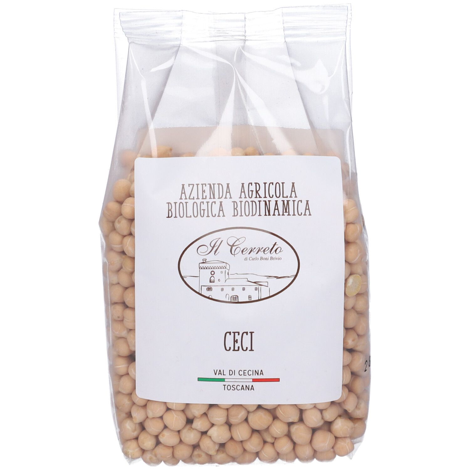 Sacchetto trasparente di ceci. Etichetta con testo: Il Cerreto Ceci. Certificazione biologica e Val di Cecina.