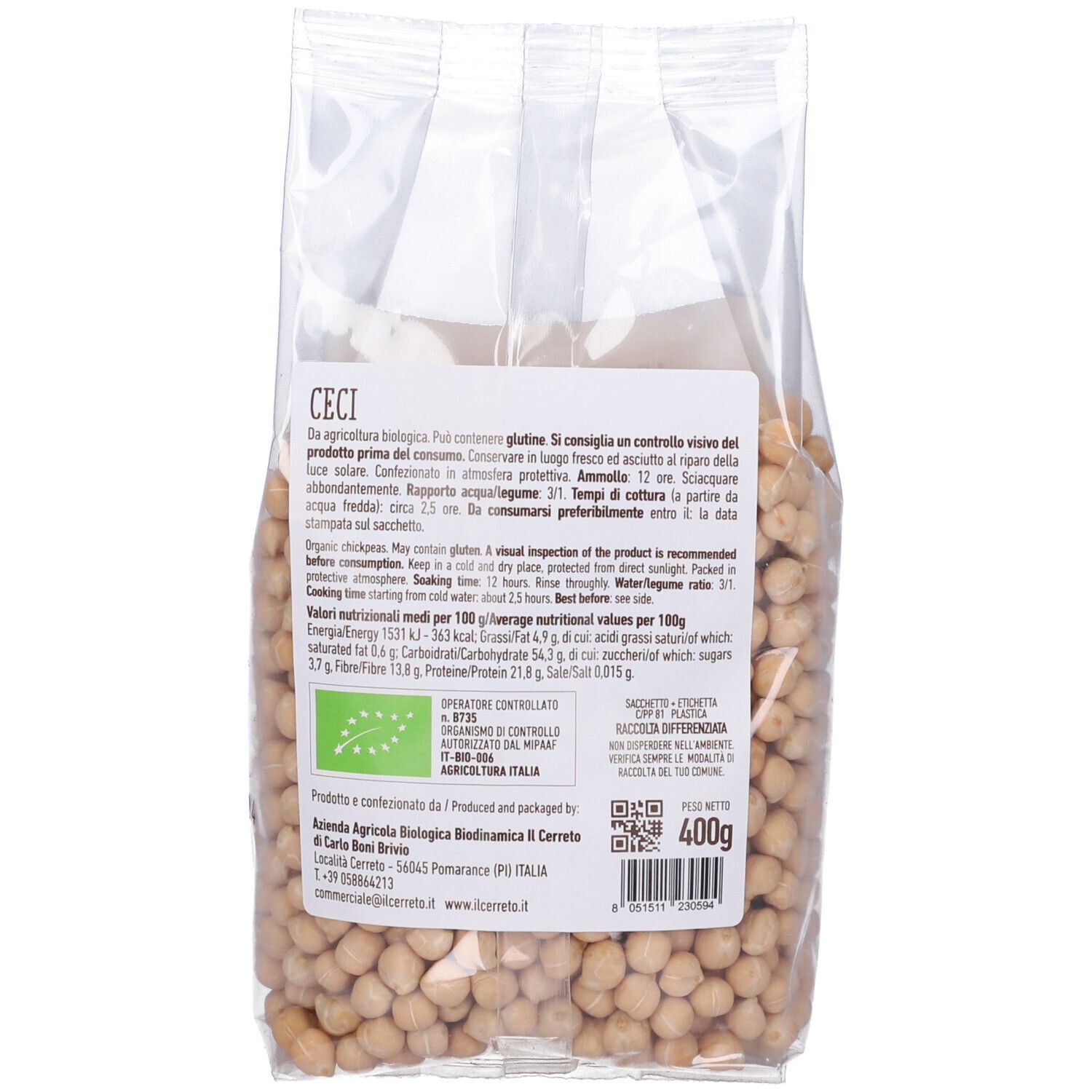 Retro di un sacchetto trasparente di ceci. Testo: Ceci. Certificazione biologica. 400g. Testo in italiano.