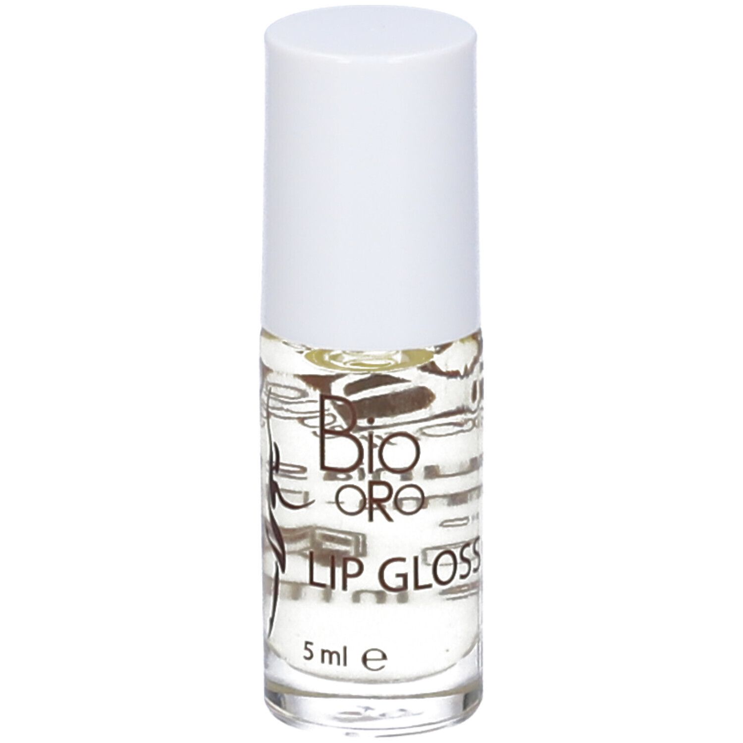 Flacone di lucidalabbra trasparente con tappo bianco. Testo: Bio Oro, Lip Gloss, 5 ml.