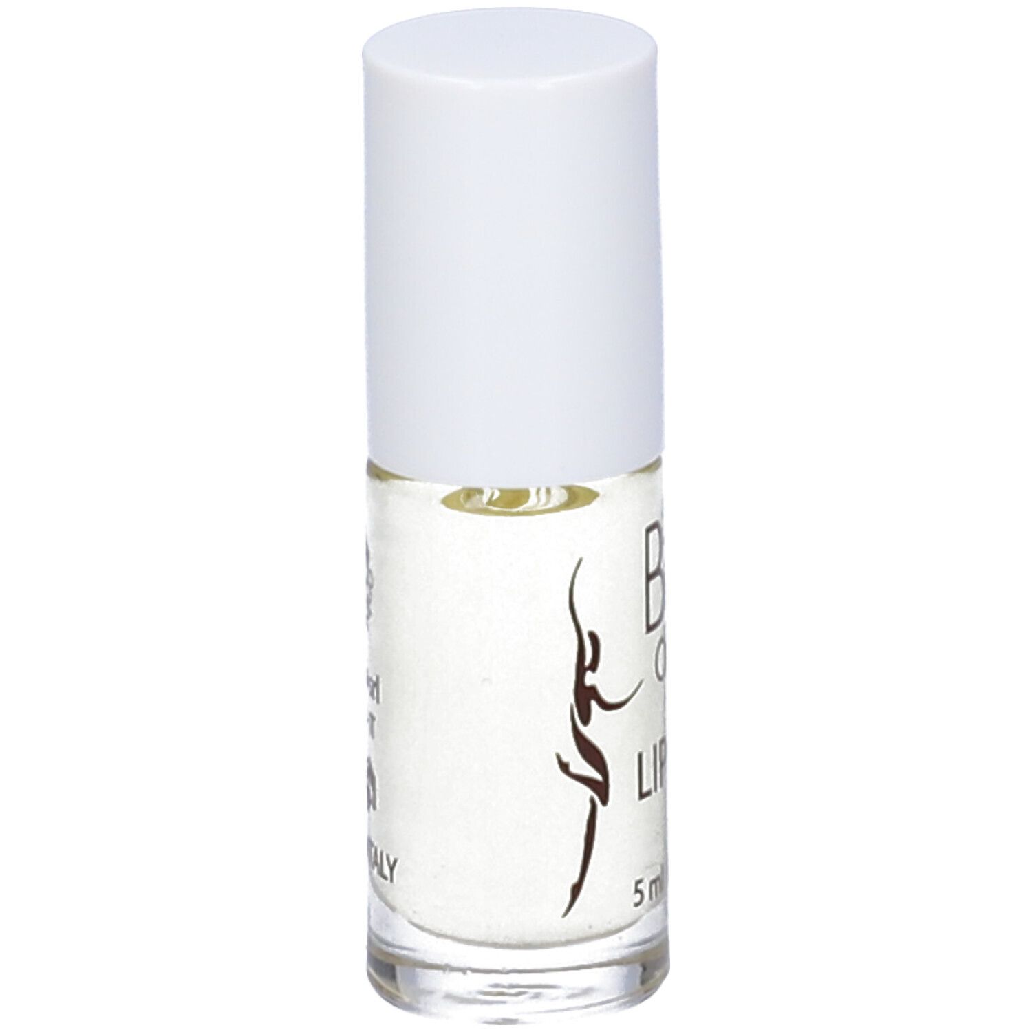 Flacone di lucidalabbra trasparente con tappo bianco. Testo: Bio Oro, Lip Gloss, 5 ml.