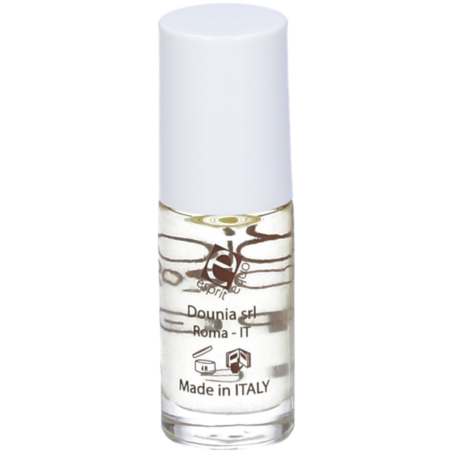 Flacone di lucidalabbra trasparente con tappo bianco. Testo: Bio Oro, Lip Gloss, 5 ml.