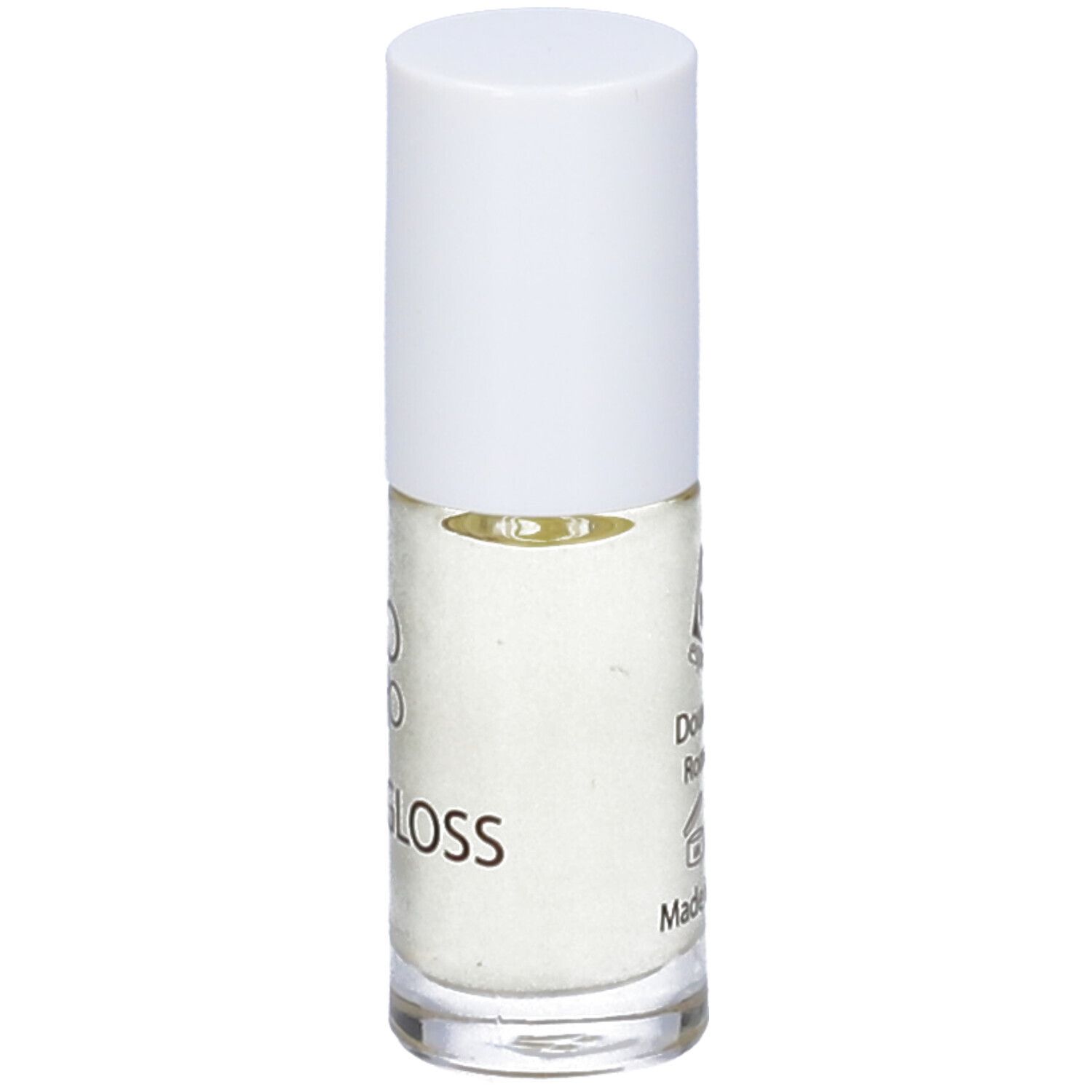 Flacone di lucidalabbra trasparente con tappo bianco. Testo: Bio Oro, Lip Gloss, 5 ml.