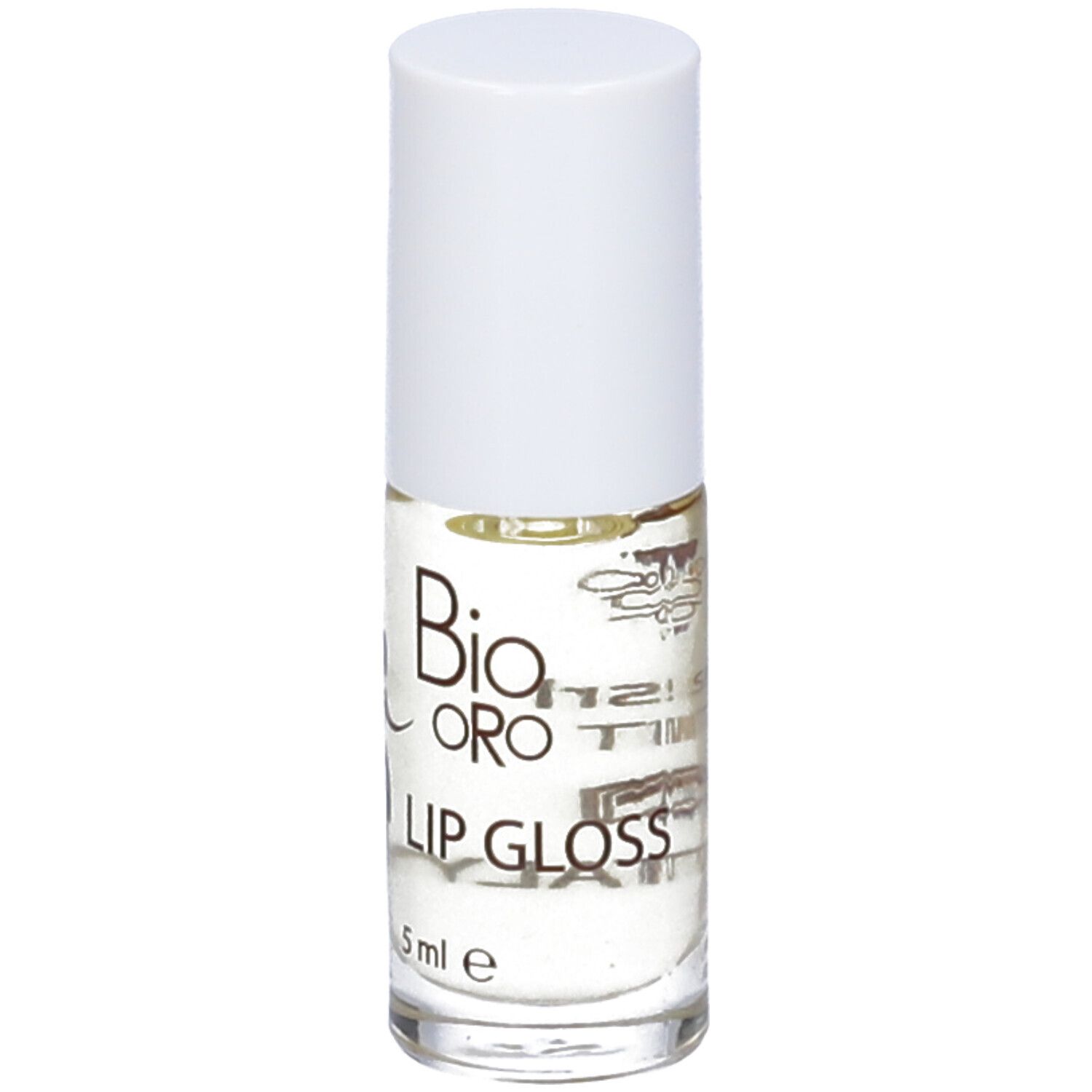 Flacone di lucidalabbra trasparente con tappo bianco. Testo: Bio Oro, Lip Gloss, 5 ml.
