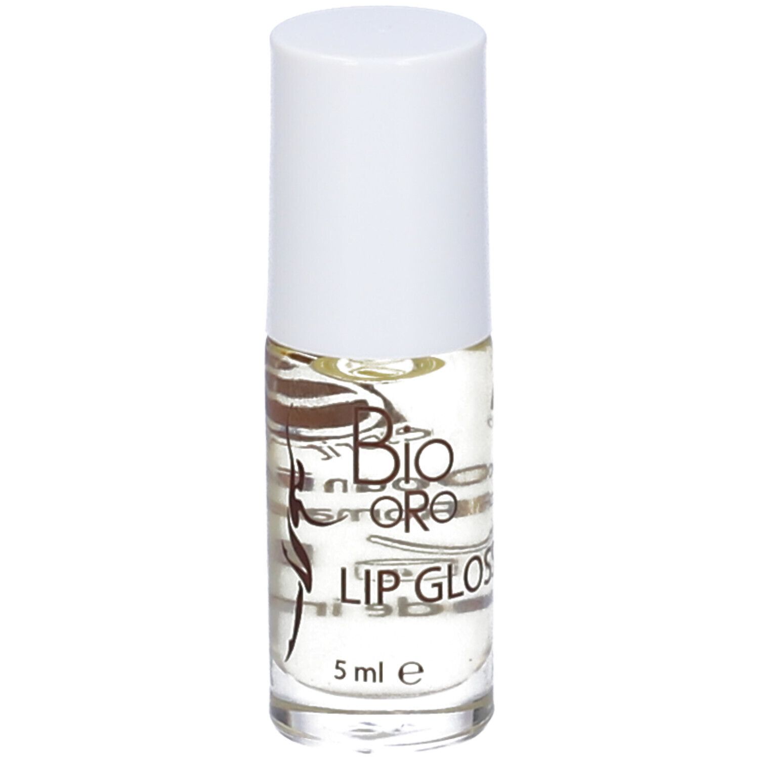 Flacone di lucidalabbra trasparente con tappo bianco. Testo: Bio Oro, Lip Gloss, 5 ml.