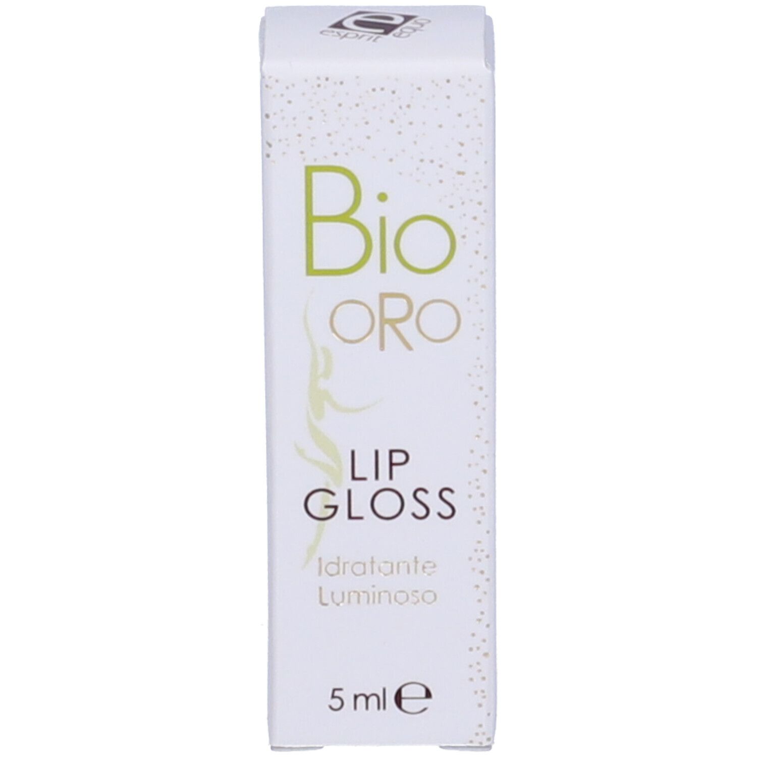 Confezione bianca con nome e logo del prodotto. Testo: Bio Oro, Lip Gloss, 5 ml.