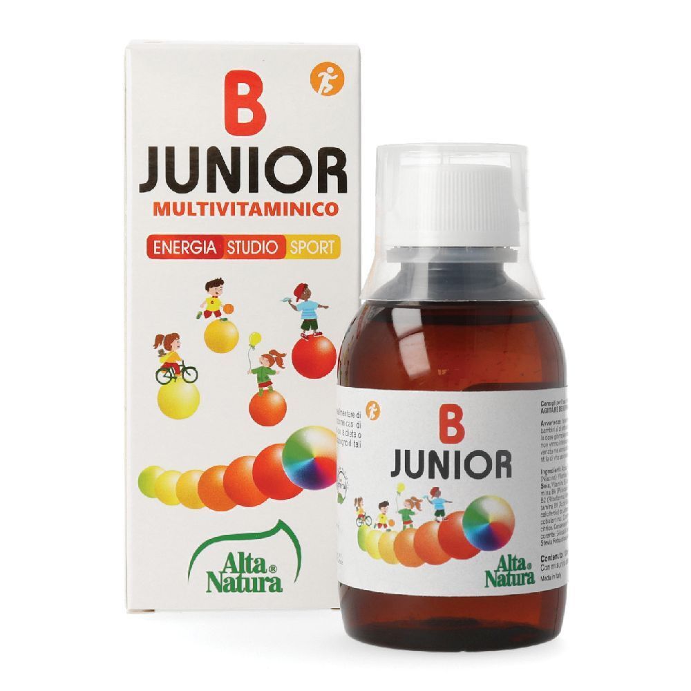 Flacone e scatola. Sul flacone è scritto "B Junior". Sulla scatola c'è scritto "B Junior Multivitaminico".