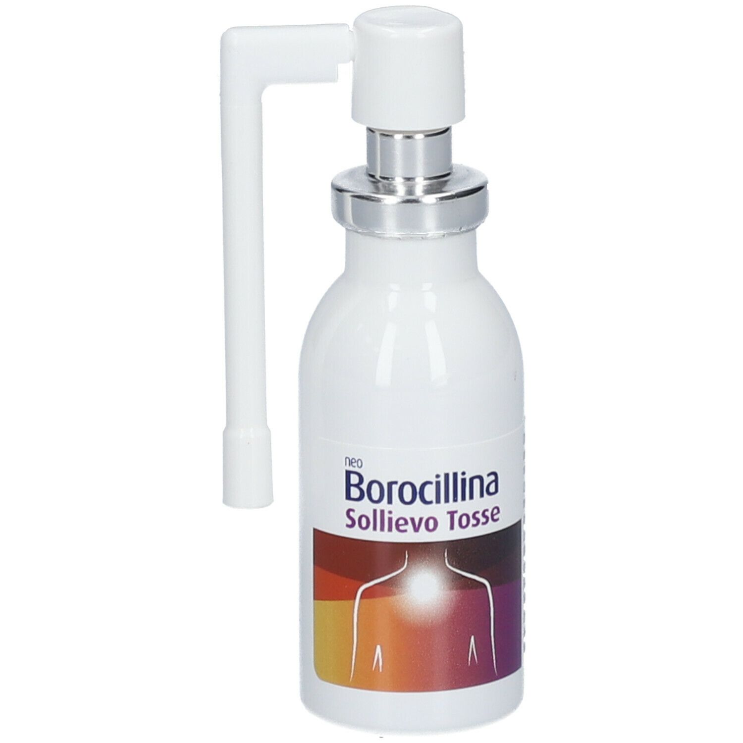 Flacone bianco con nebulizzatore e applicatore. Scritta: neo Borocillina Sollievo Tosse. Stampa colorata.