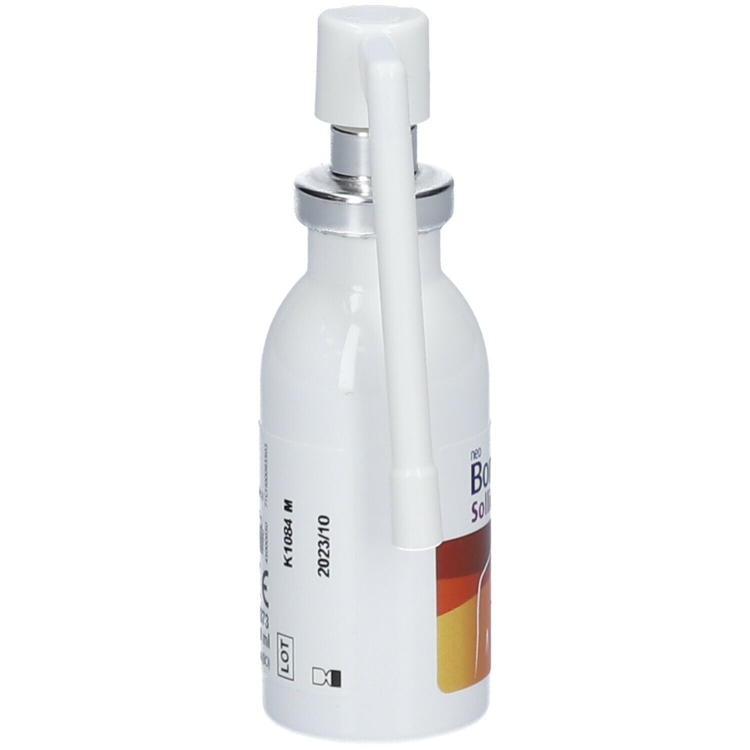 Flacone bianco con nebulizzatore e applicatore. Scritta: neo Borocillina Sollievo Tosse. Etichetta con testo e data.