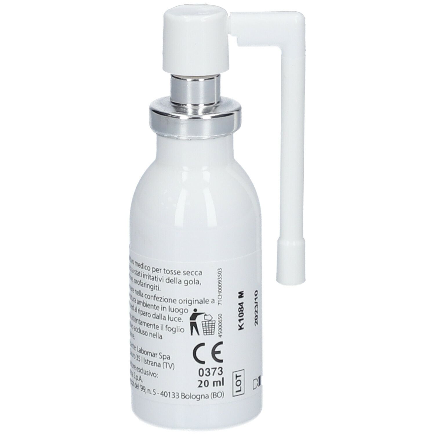 Flacone bianco con nebulizzatore e applicatore. Scritta: neo Borocillina Sollievo Tosse. Testo e marchio CE.