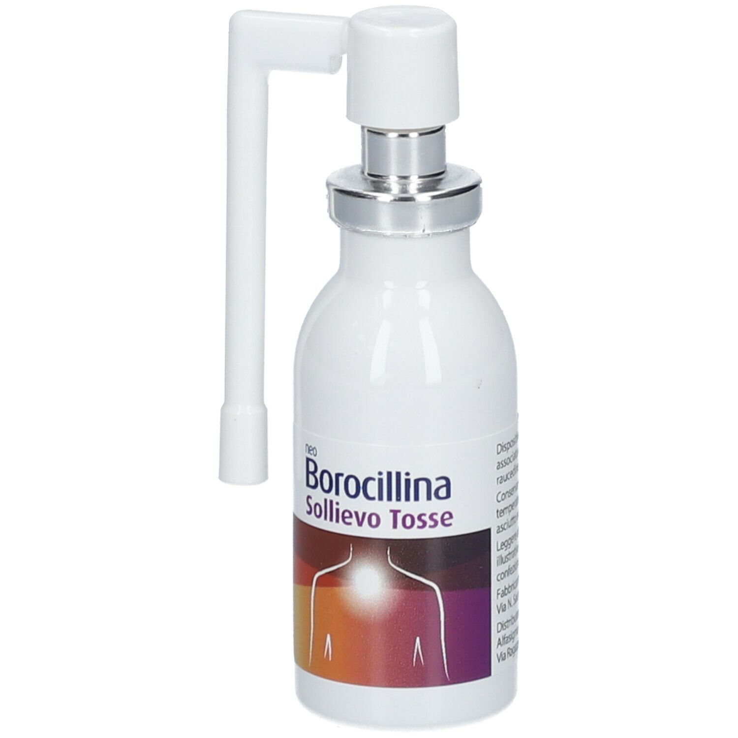 Flacone bianco con nebulizzatore e applicatore. Scritta: neo Borocillina Sollievo Tosse. Stampa colorata.