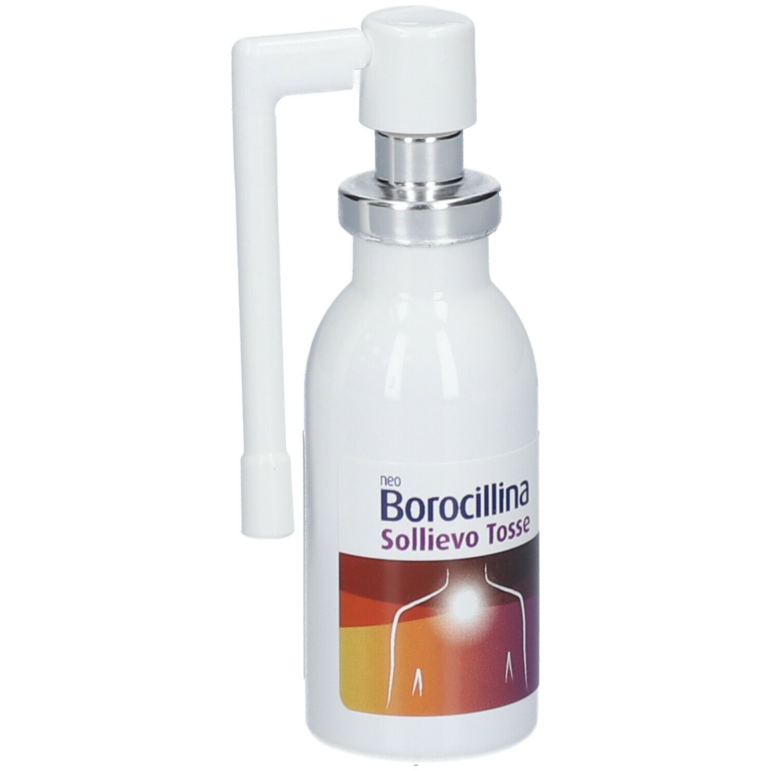 Flacone bianco con nebulizzatore e applicatore. Scritta: neo Borocillina Sollievo Tosse. Stampa colorata.