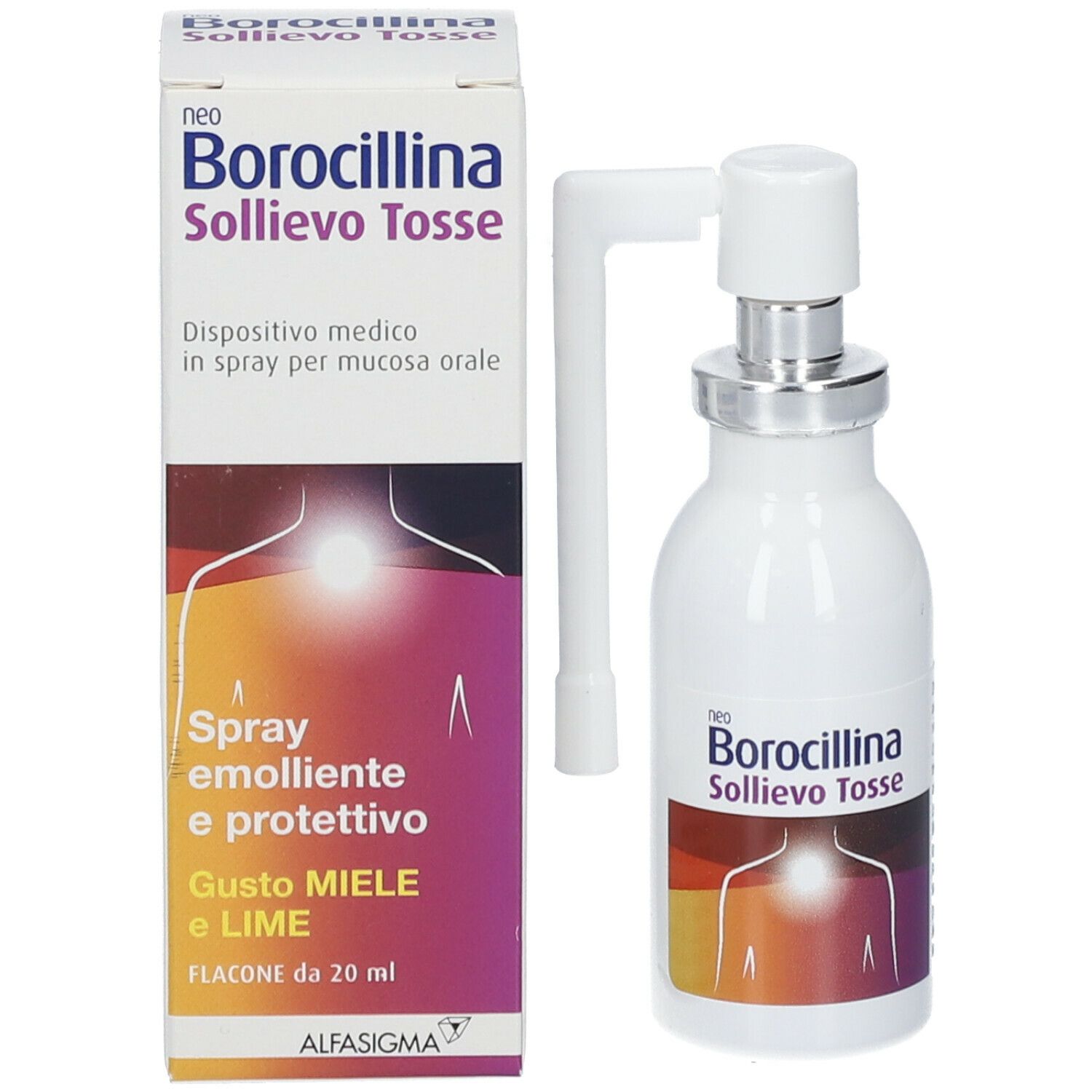 Flacone e confezione del prodotto. Scritta: neo Borocillina Sollievo Tosse. Ingredienti e gusto.