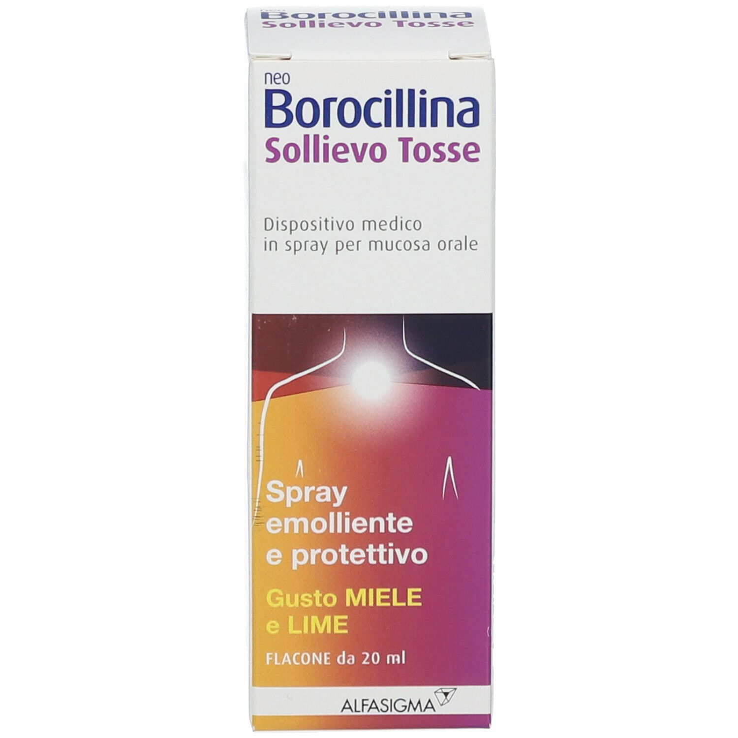 Confezione del prodotto. Scritta: neo Borocillina Sollievo Tosse. Ingredienti e gusto.