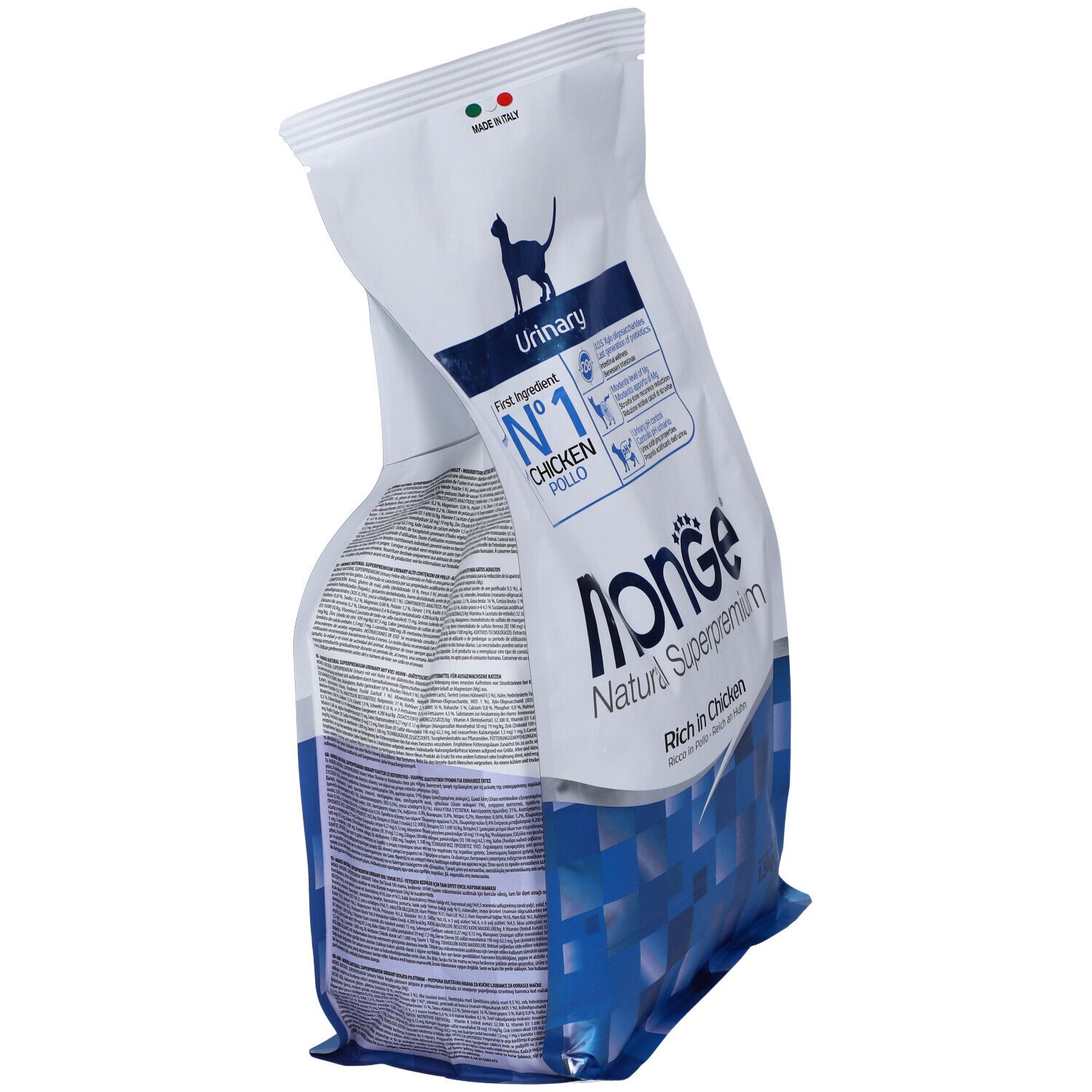 Sacchetto di cibo per gatti Monge Natural Superpremium. Scritto: Urinary, Chicken. Contiene 1,5 kg. Prodotto in Italia.